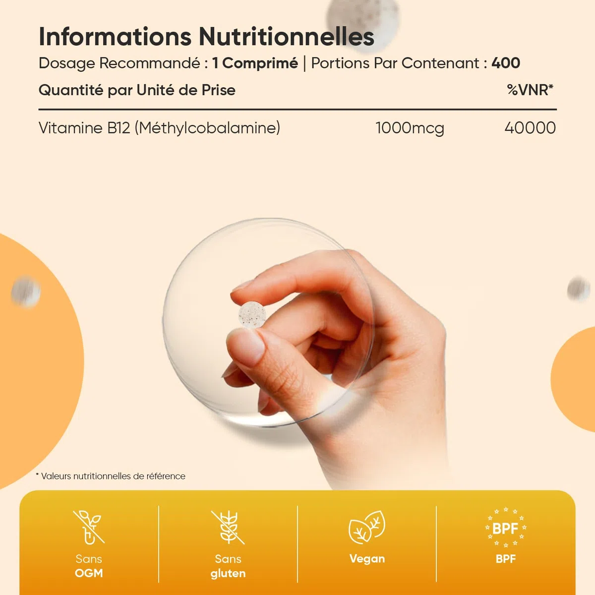 Vitamine B12 Methylcobalamin 1000 mcg Vegan Comprimés à Croquer - 400 Micro-Comprimés de Vitamine B12 Methylcobalamine, Goût Citron, 1 An d'Approvisionnement, sans OGM, sans Gluten