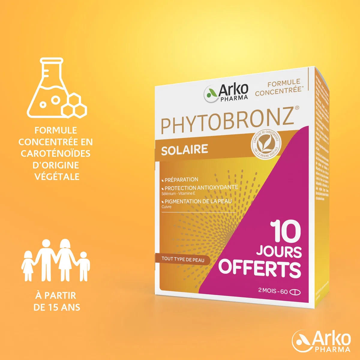Arkopharma - Phytobronz Solaire | Préparation solaire - Protection antioxydante - Pigmentation de la peau - Peau rayonnante -Formule concentrée| 60 jours - 60 capsules dont 10 jours offerts