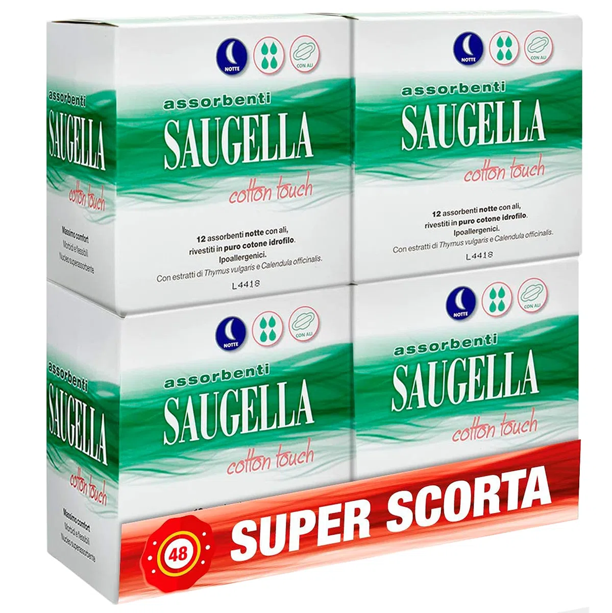 Saugella Saugella Cotton Touch Serviettes Extérieures Nuit Action Anti-odeurs Avec Ailes En Coton Hypoallergéniques 48 Pièces