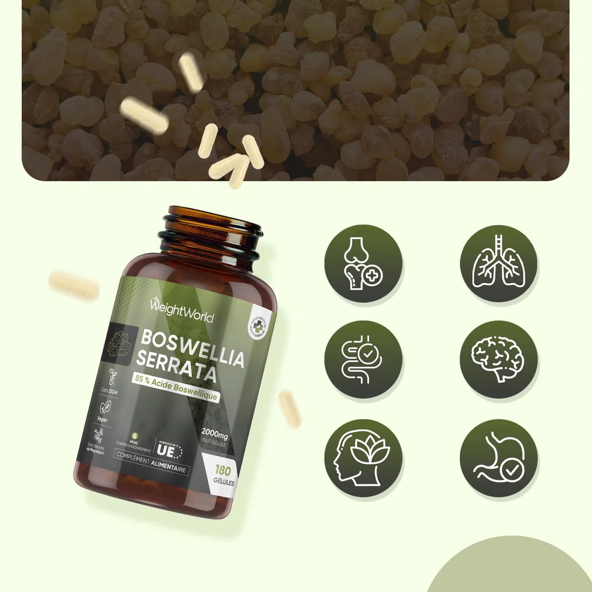 Boswellia Serrata Gélules 2000mg 180 Gélules Vegan avec 85% d’Acide Boswellique - Extrait de Poudre de Boswellia (5:1) Équivalent à 400mg - sans OGM ni Gluten, sans Lactose ni Additifs - pour 6 Mois