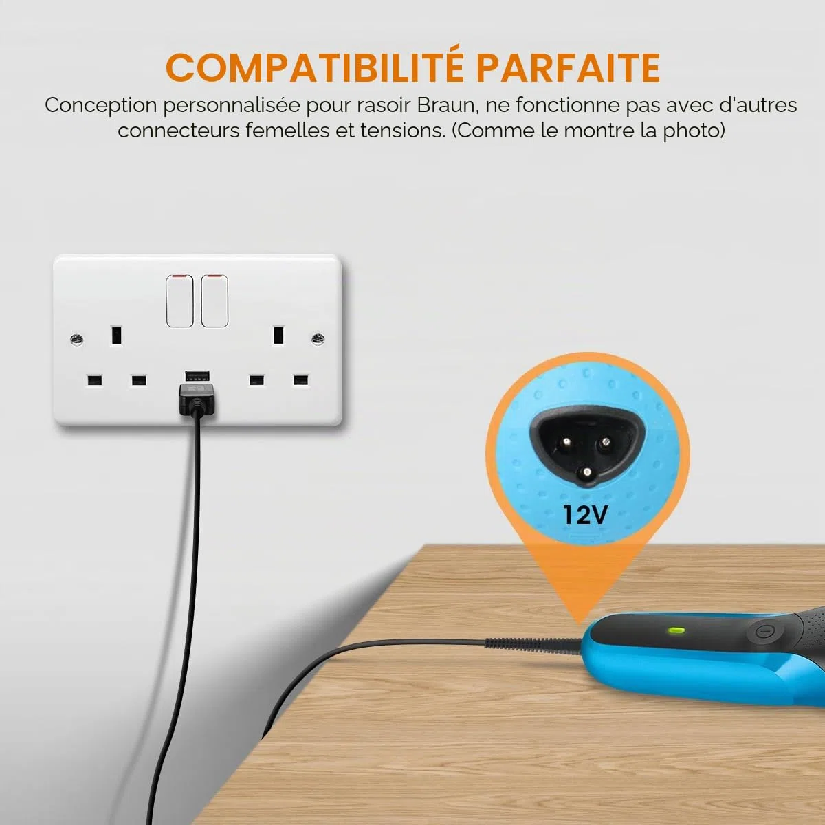AIEVE Chargeur pour rasoir Braun, câble d'alimentation USB 12 V pour tondeuse Braun série 3, série 7, série 9, série 1, 3020S, 3080S, 760CC, 790CC, 340s, 190s, 5190cc, 5210, 9095cc