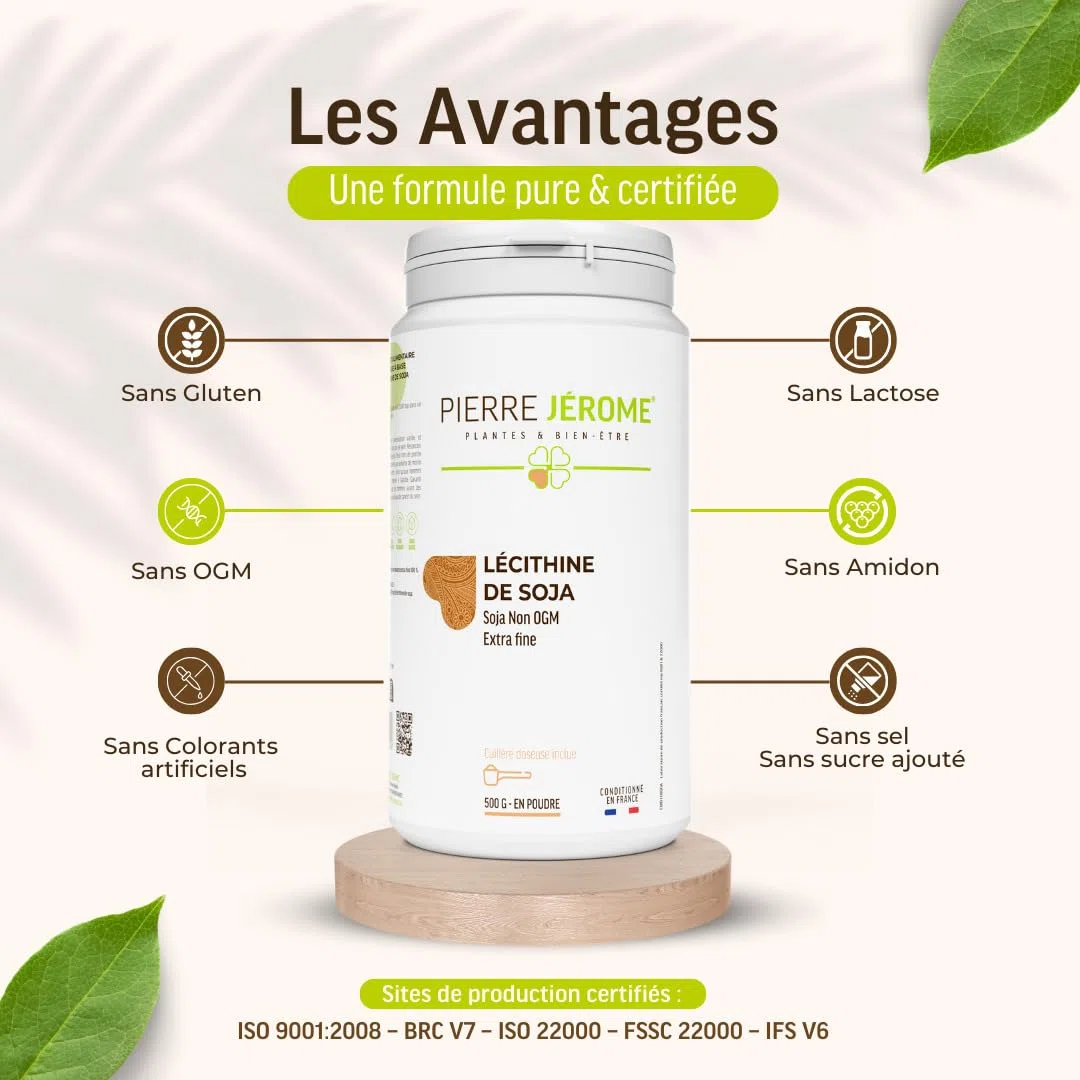 Lécithine de Soja en Poudre Pierre Jérôme - 500 G - Complément et Additif Alimentaire à Base de Phospholipides de Soja - Foie, Cerveau - 0.5 KG - 500 Jours