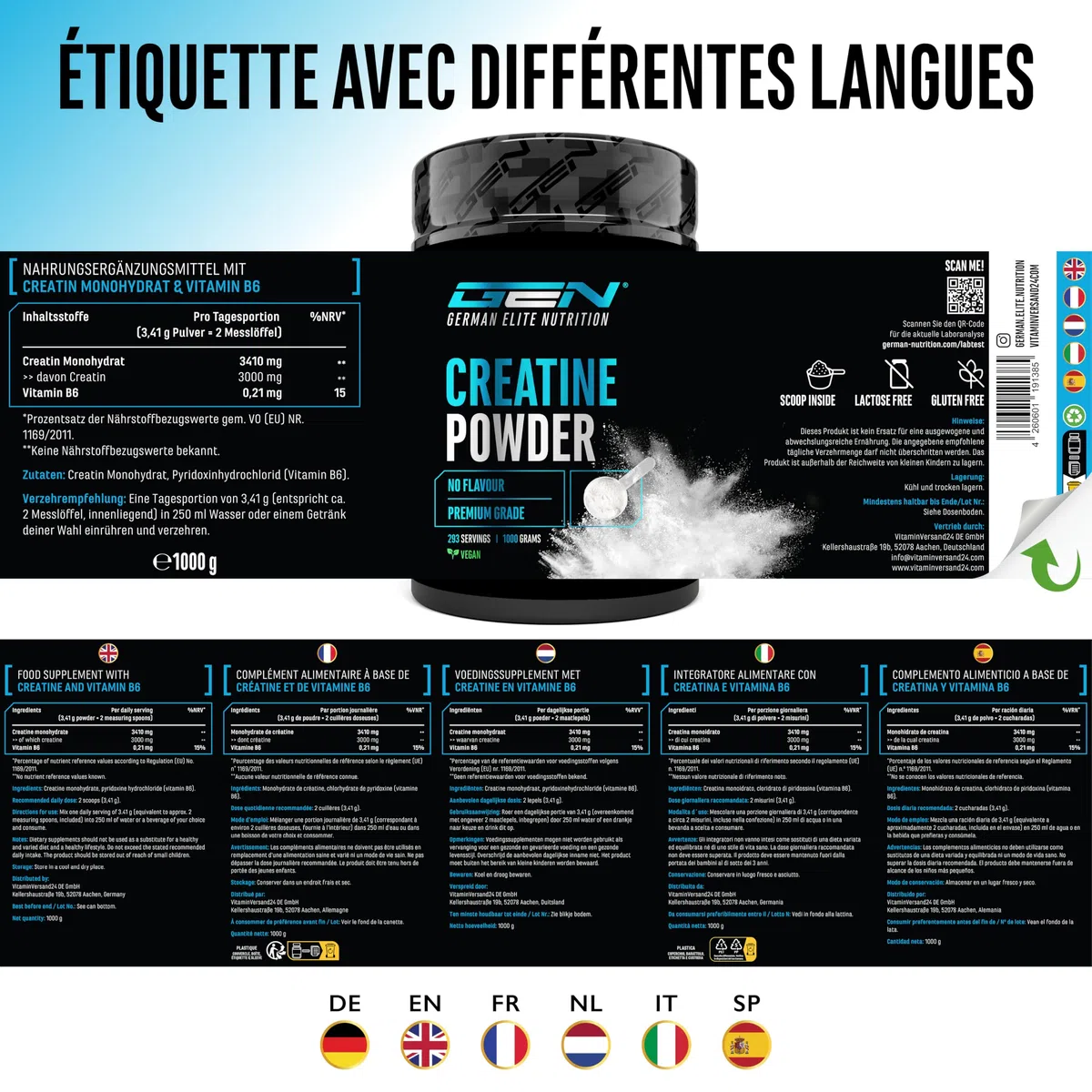 Poudre de Créatine - 1kg / 1000 g - Poudre de Monohydrate de Créatine - Solubilité Optimale & Microfine - Vegan - 293 Applications