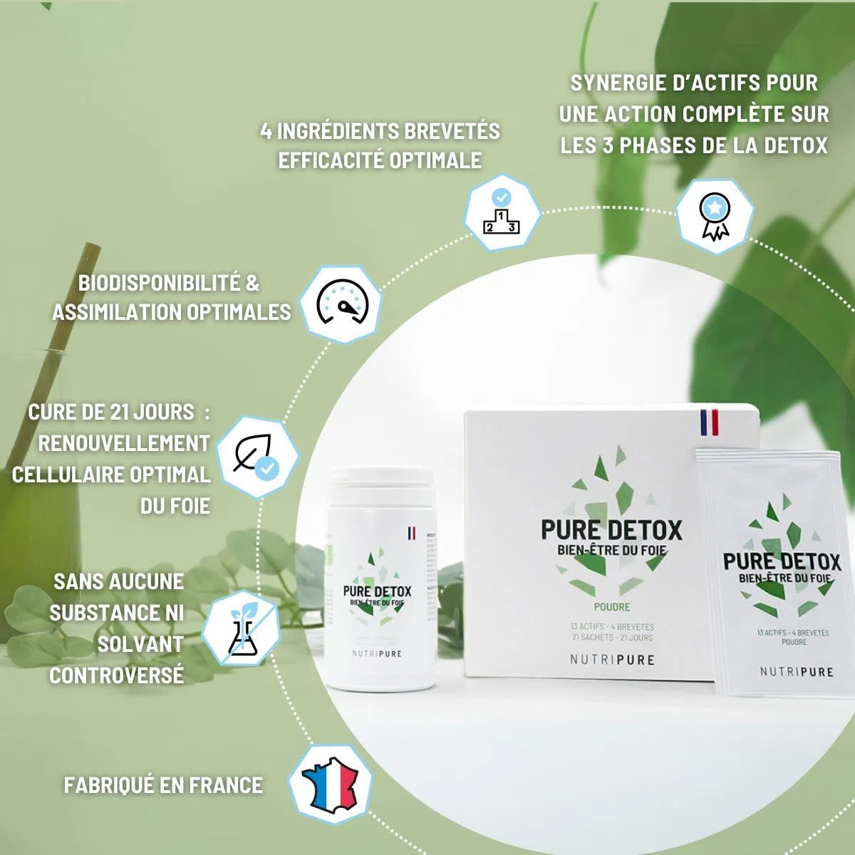 Nutripure | Pure Detox Foie | Soutien complet de la détoxification hépatique | 4 extraits brevetés (Chardon-Marie, Artichaut, Chou Kale, Choline) | Cure de 21 jours (42 gélules)