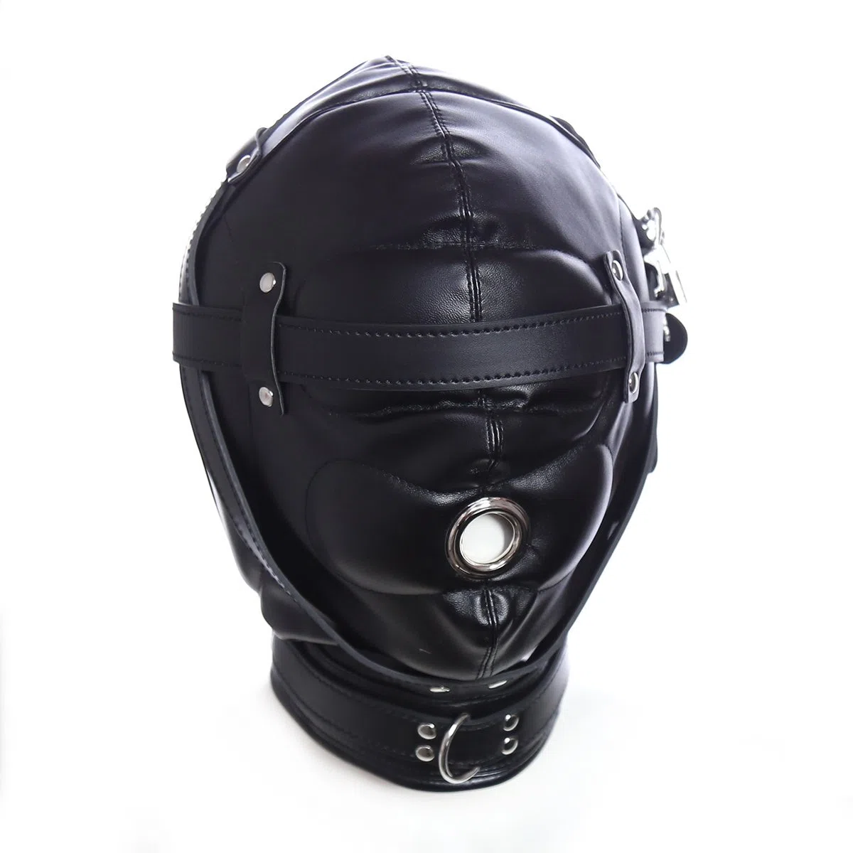 Noir Masque de tête unisexe Bondage Fétiche SM Cuir avec ouverture de bouche Cuir Tous les masques inclus Jouets sexuels Bandeau pour les yeux avec serrure pour les couples Cosplay Réglable Fétiche