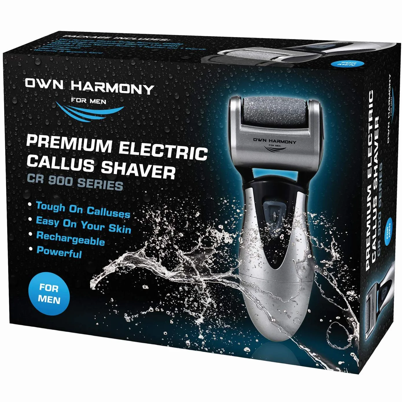 Rapeuse Pieds Electrique pour Hommes par Own Harmony - Rappe Pieds Pédicure Rechargeables et Soins des Pieds avec 3 Rouleaux - Kit Pedicure Professionnel pour Peau Morte, Sèche, Dure (Câble USB)