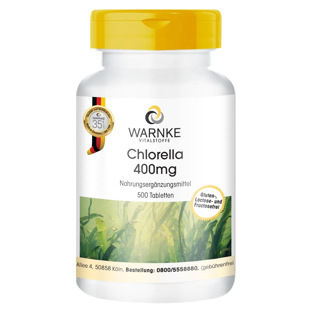 Chlorella 400 mg - 500 comprimés - faciles à avaler - poudre d'algue Chlorella vulgaris - avec chlorophylle - végétalien - grand format | Warnke Vitalstoffe - Qualité pharmaceutique allemande
