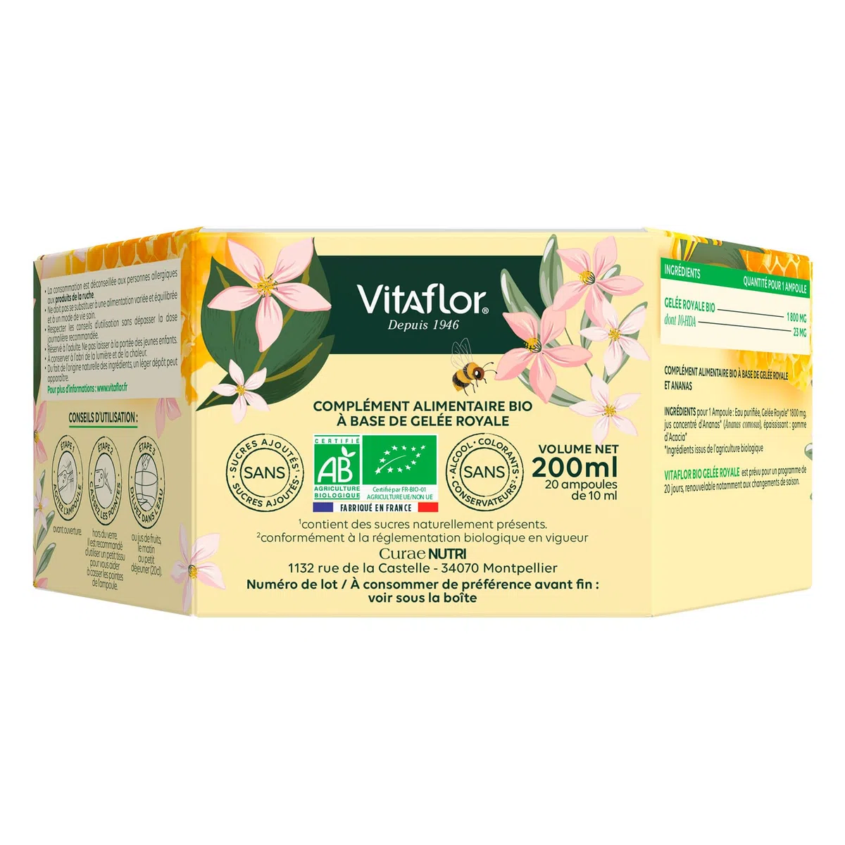 Gelée Royale Bio 1800 mg | Boite de 20 Ampoules | Haute Teneur en Acides Aminés, Minéraux et Vitamines | Programme de 20 jours | Vitaflor