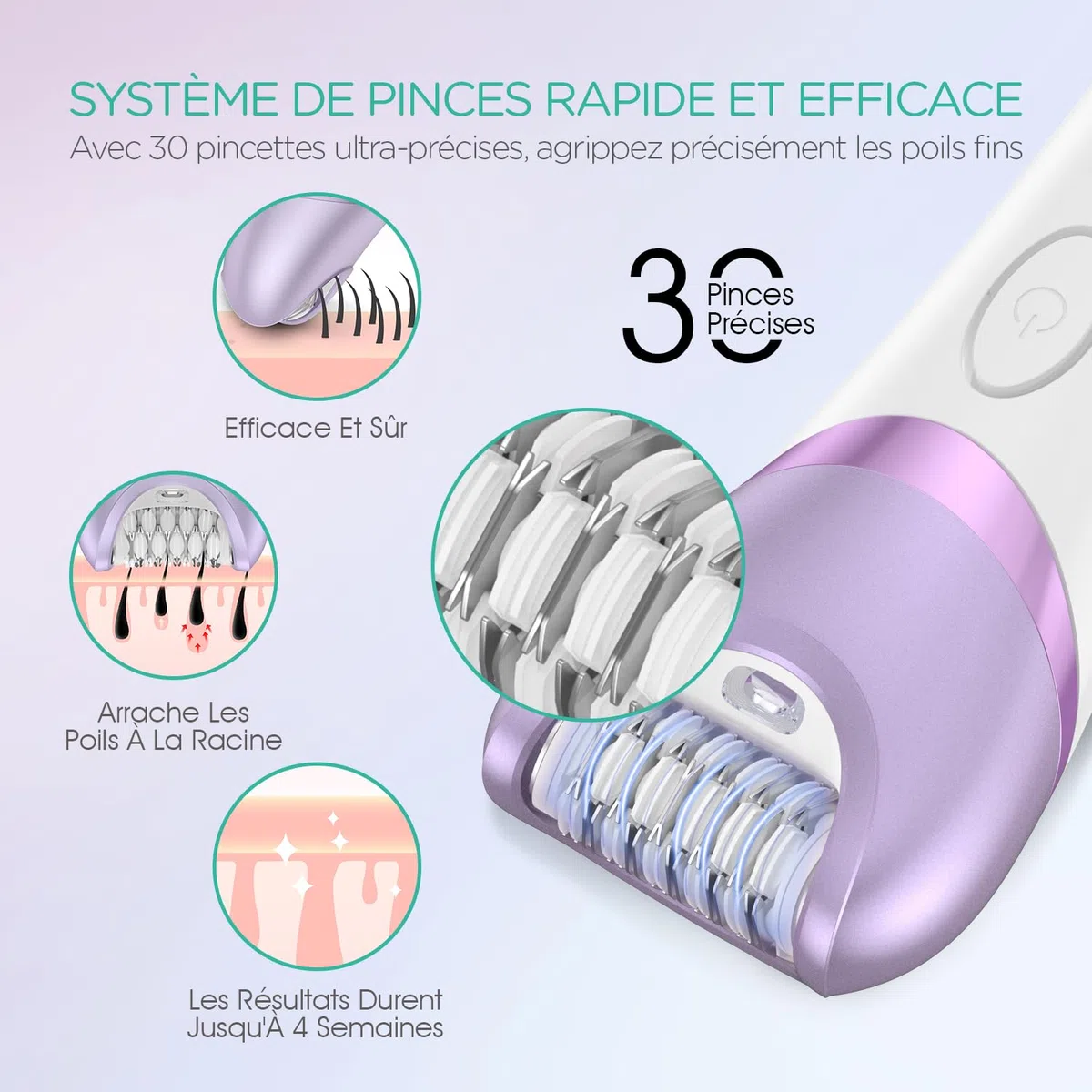 VOYOR Épilateur Électrique Femme, Epilation avec Tête De Rasage Et Tondeuse pour l'épilation du Corps, Rechargeable et Sans Fil, Humide et Sec, Couvert 30 Pinzetten, Lumière LCD BM300 (Violet)