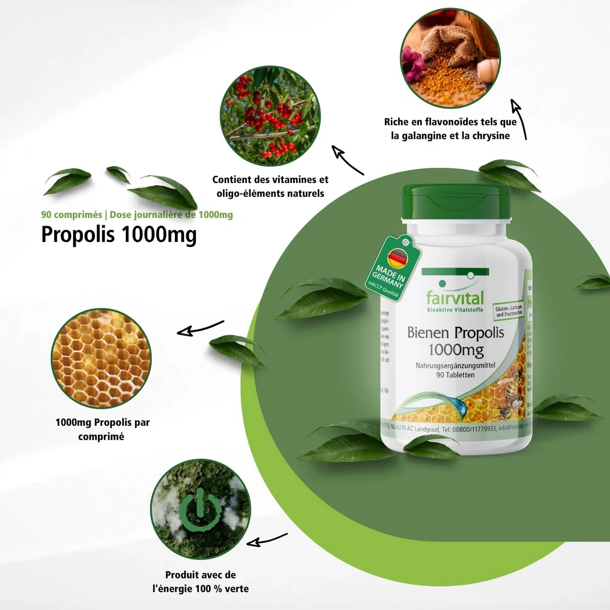 fairvital Propolis d'abeille 1000mg, extrait naturel de résine d'abeille, avec 3% de galangine, HAUTEMENT DOSÉ, 90 comprimés