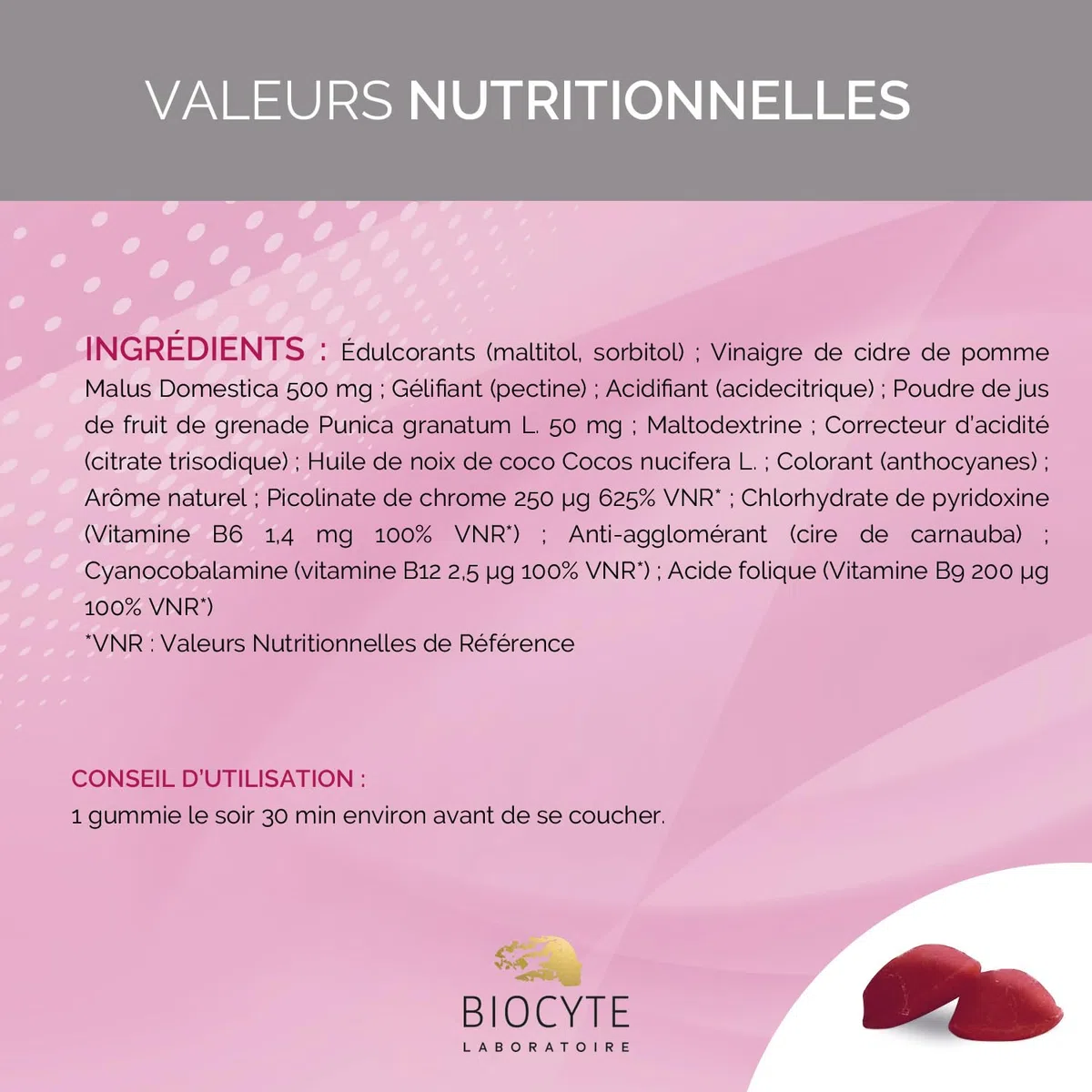 BIOCYTE Gummies Vinaigre de Cidre de Pomme - Complément alimentaire Digestion, Taux de Sucre - Vinaigre de Cidre, Grenade, Chrome, Vitamines B6, B9, B12 - Goût Pomme - 60 gummies - 30 jours de prise