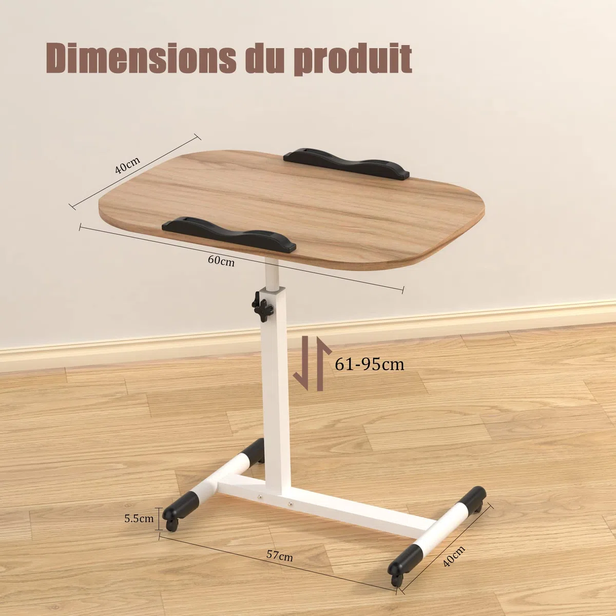 Table de Lit Roulette, 60 x 40 cm, Tablette Médicale Réglable Table d'Appoint de Lit à roulettes, Hauteur Réglable 61-95CM, Bureau Pliable, 360° Bureau D'ordinateur Levage Rotatif