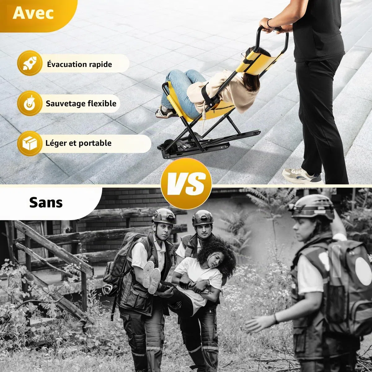 Chaise d'escalier médicale, évacuation d'urgence, 4 roues, fauteuil roulant, ascenseur manuel, chaise d'escalier, résiste à 350,53 kg, pliable, portable, pour personnes âgées et handicapées