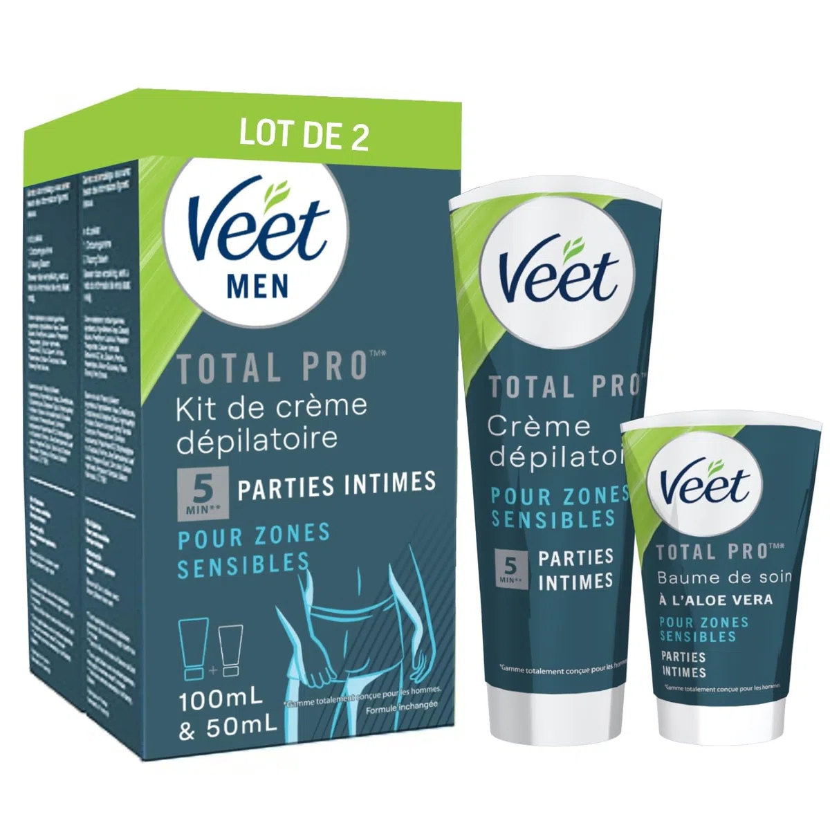 VEET FOR MEN - Lot de 2 Kits épilation Zones Intimes - 2 Crèmes Dépilatoire 100ml et 2 Baumes de Soin 50ml - Peaux Sensibles