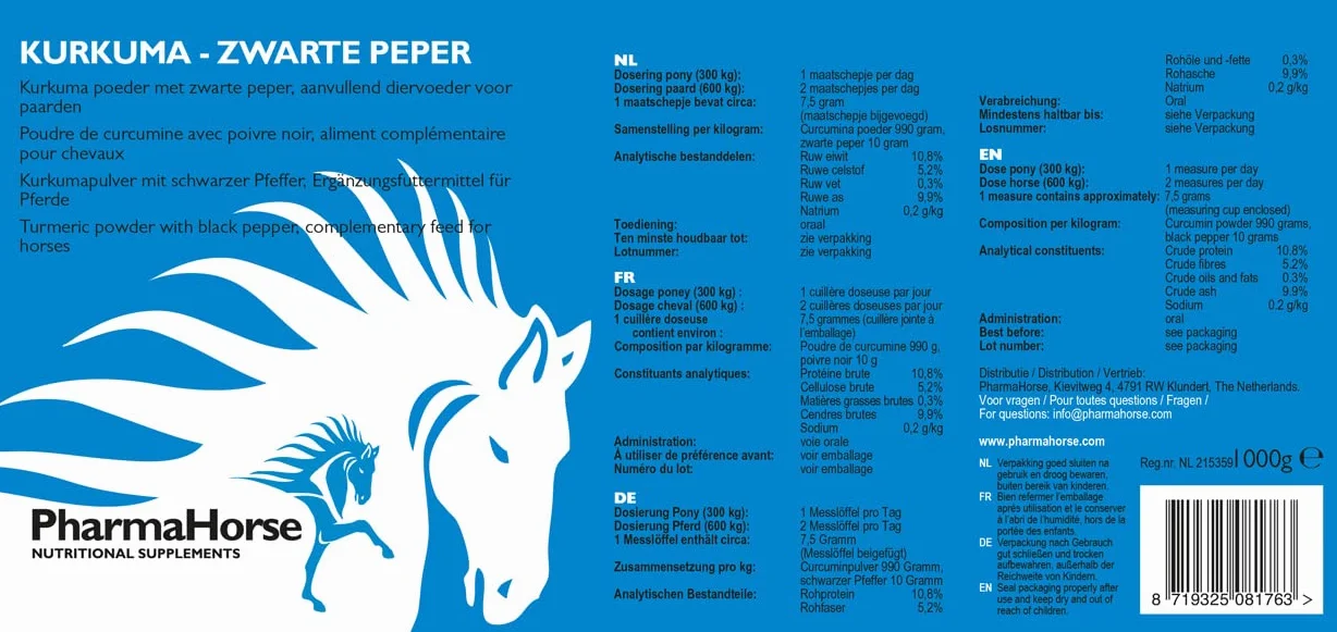 PharmaHorse Curcuma - Poivre Noir | Anti-inflammatoire Cheval | Aide Le Foie & la Digestion | sans sucres ajoutés ou éléments dopants | 1000 grammes