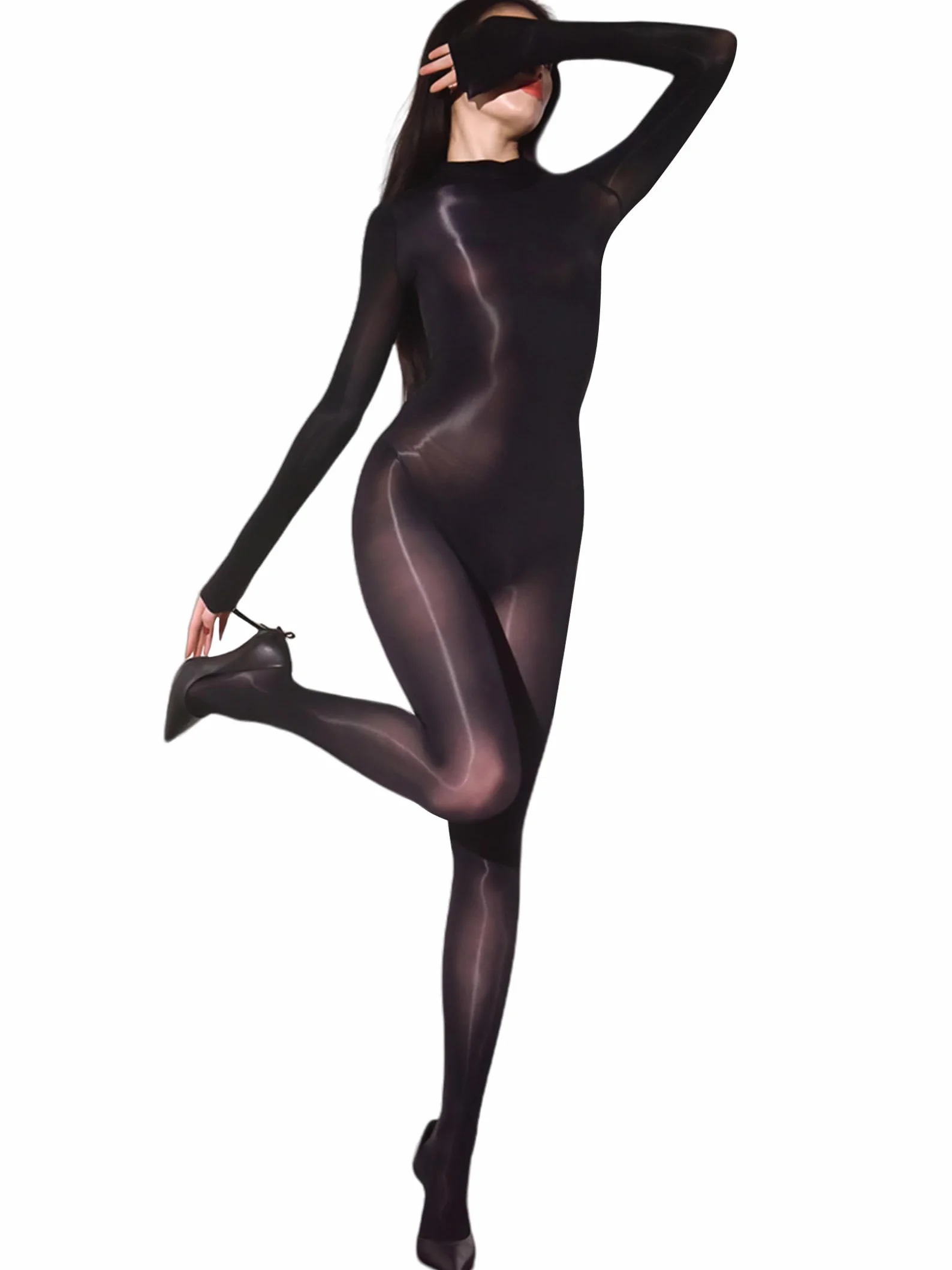 RUIBAVYA Bodystocking Combinaisons Sexy Femme Catsuit Nylon Manches Longues Bodystocking Lingerie Transparente