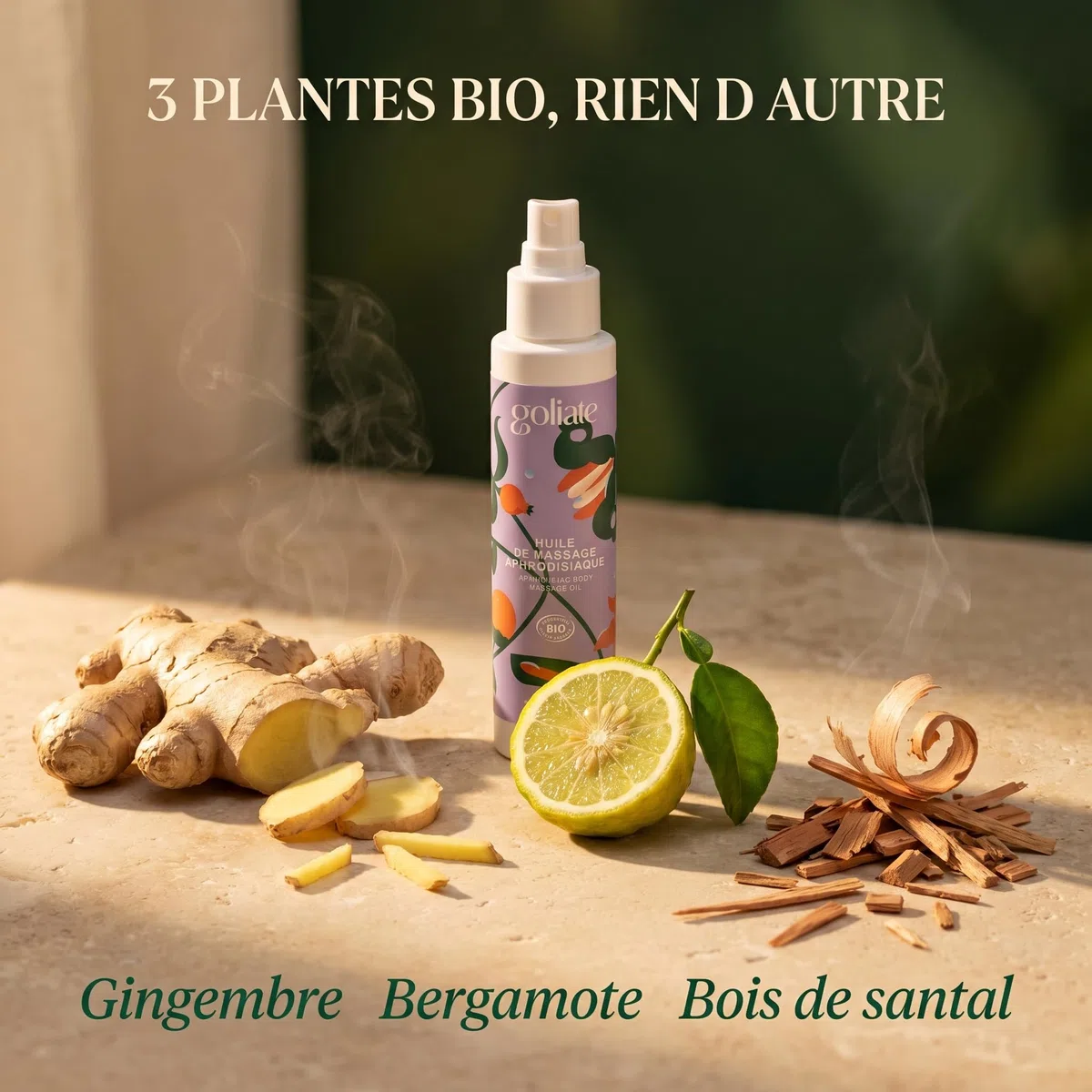 GOLIATE Huile Massage BIO Aphrodisiaque - COSMOS ORGANIC - Vegan | Certifiée Ecocert, 3 ingrédients bio, santal gingembre bergamote, comestible, sans paraben, fabriquée en France