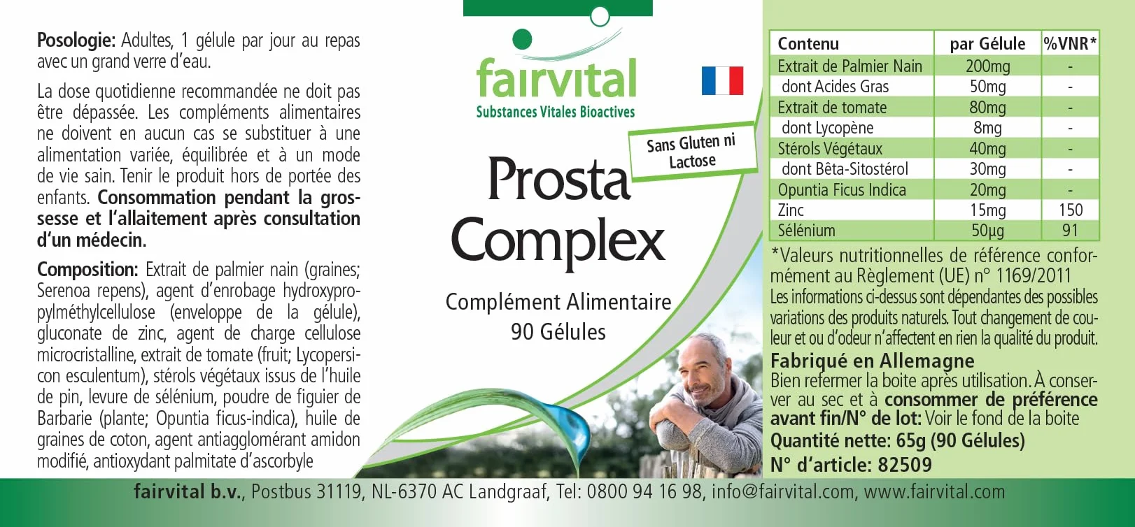 fairvital Complexe Prosta, VÉGÉTALIEN, HAUTEMENT DOSÉ, 90 gélules, avec sélénium, zinc, palmier nain, lycopène, bêta-sitostérol et opuntia