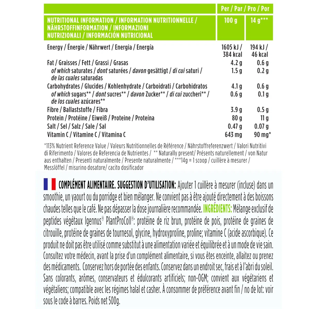 Collagène Vegan en Poudre Avancé avec Vitamine C, 11 g de Protéines, 21 Acides Aminés (y compris Glycine), Peptides de Collagène 100% Végétale, Non Aromatisé, 35 portions – par Igennus