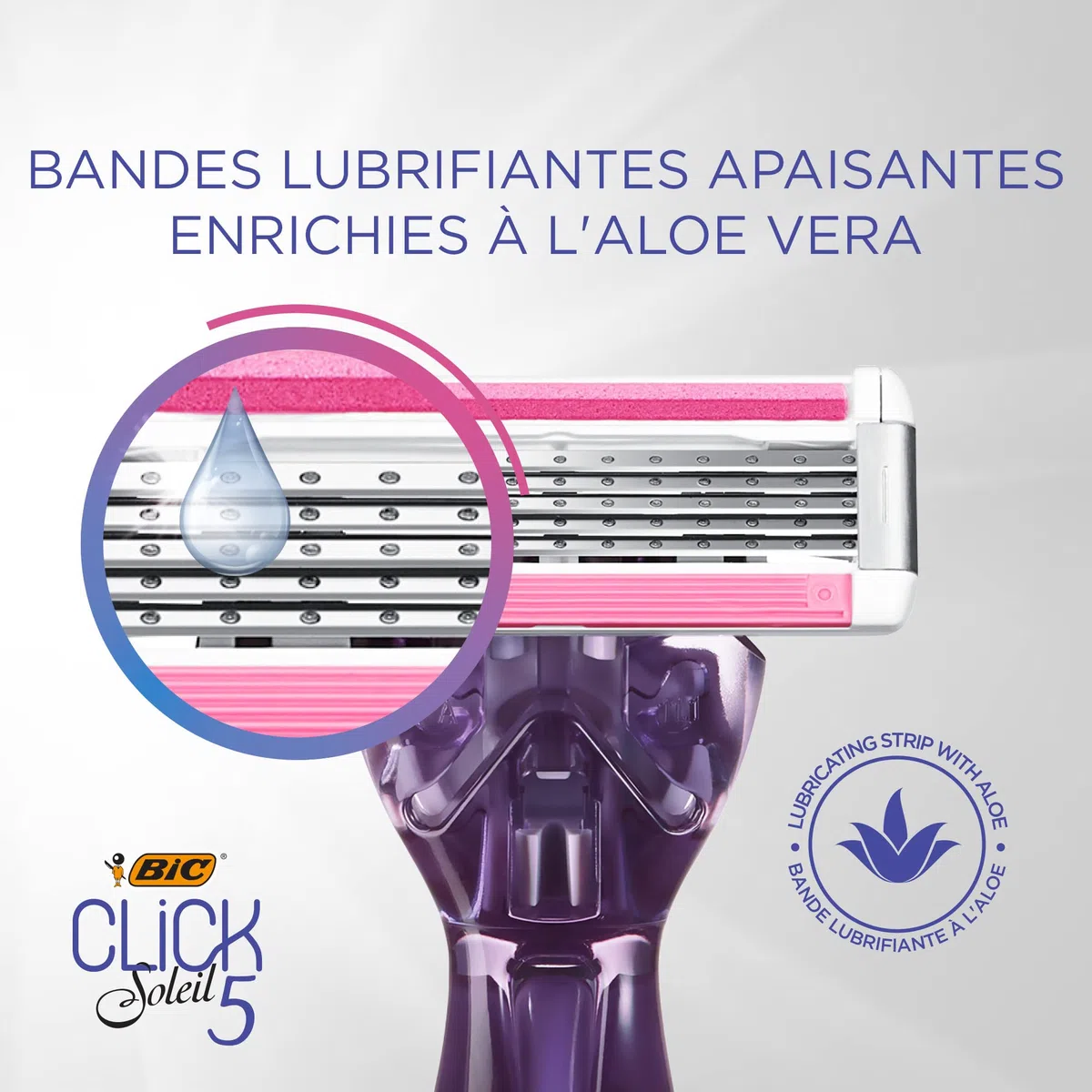 BIC Razors Click 5 Soleil Recharges Rasoir Femme 5 Lames, Bande Lubrifiante Enrichie en Aloe Vera, Boîte de 8 recharges