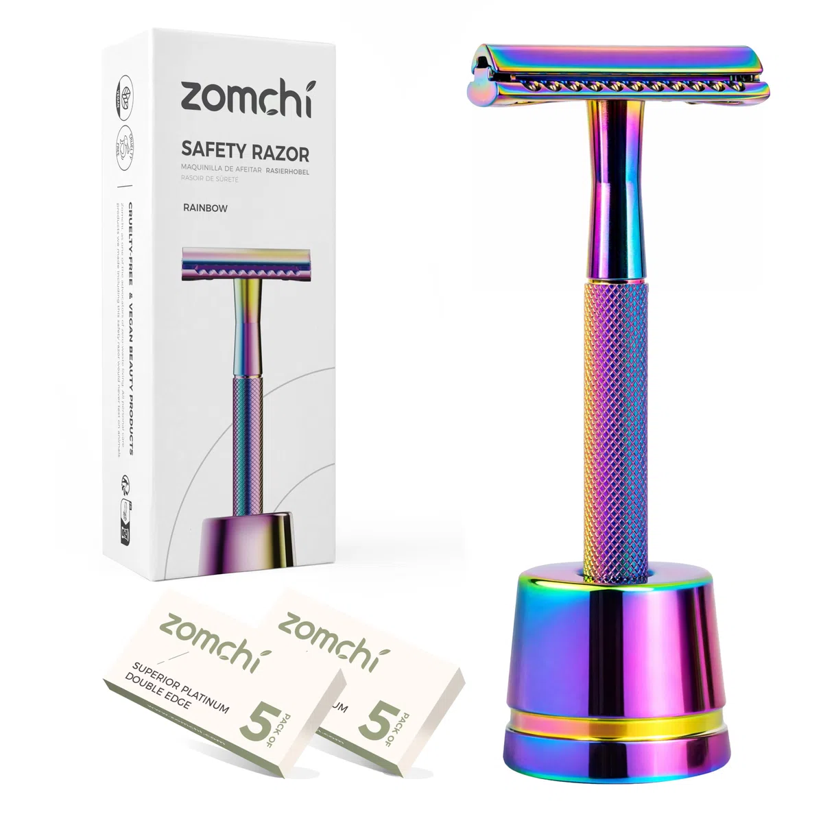 ZOMCHI Rasoir de sécurité pour femme, rasoir de sécurité à 10 lames, rasoir pour femme avec boîte délicate, sans plastique (rasoir arc-en-ciel sur pied)