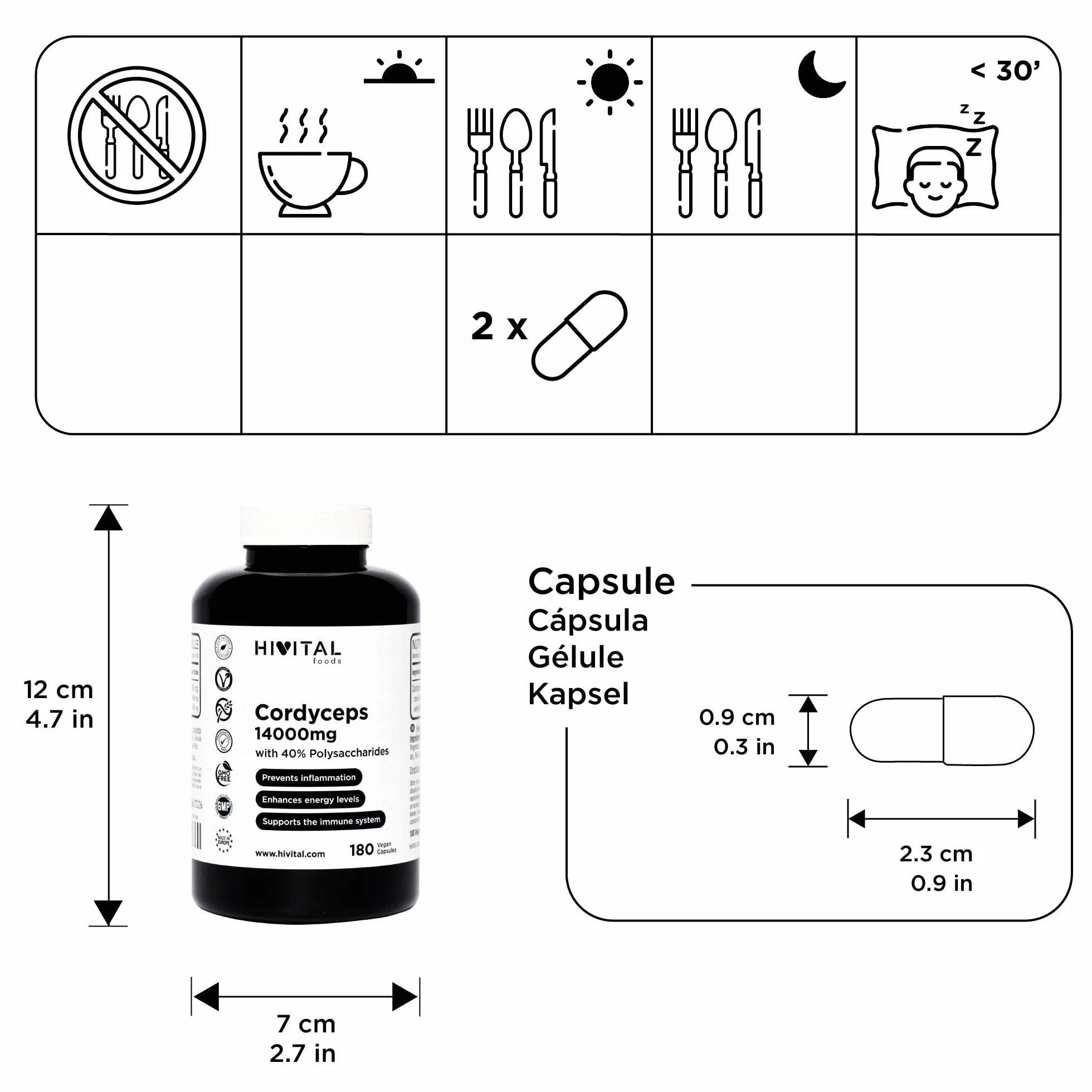 Cordyceps 14000 mg. 180 gélules végétaliennes pour 3 mois de traitement. Cordyceps Sinensis CS-4 avec 40% de polysaccharides. Extrait Naturel de Champignon Cordyceps. Fabriqué en Europe par HIVITAL