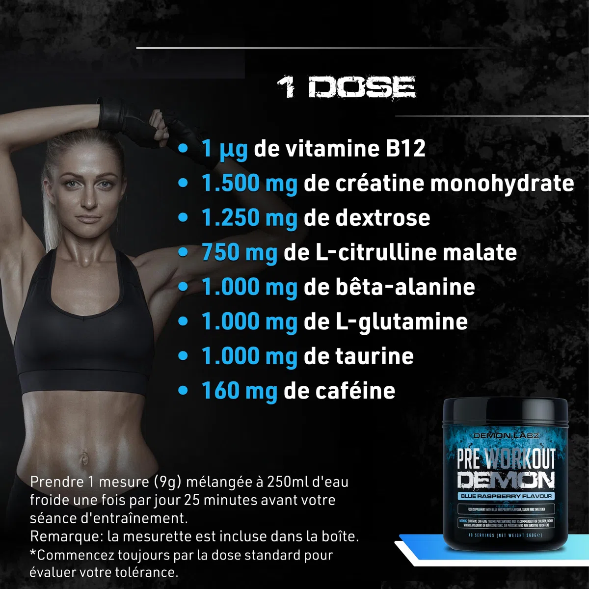 Pre Workout Demon - Pré-Entraînement Créatine (Framboise Bleue, 360g) | Booster pré-entraînement en poudre avec 160mg de caféine par dose, créatine, bêta-alanine, citrulline, glutamine et taurine