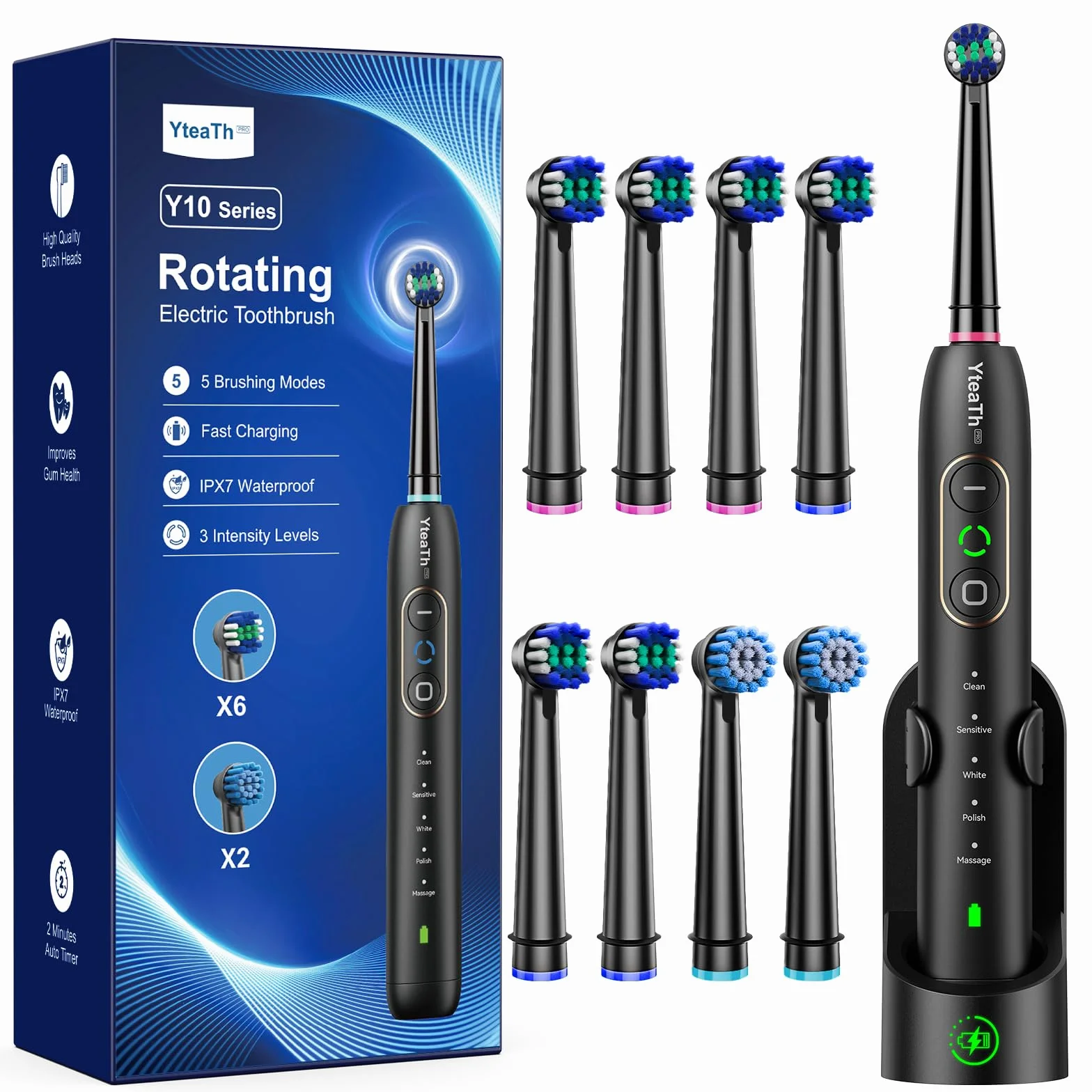 YTEATH PRO Brosse À Dent Électrique Rotatives pour Adultes - Brosses À Dents Rotatives avec 3 Intensités 5 Modes, 8 Têtes, Étanche IPX7, Brosse A Dent Electrique de Voyage, Noir Profond