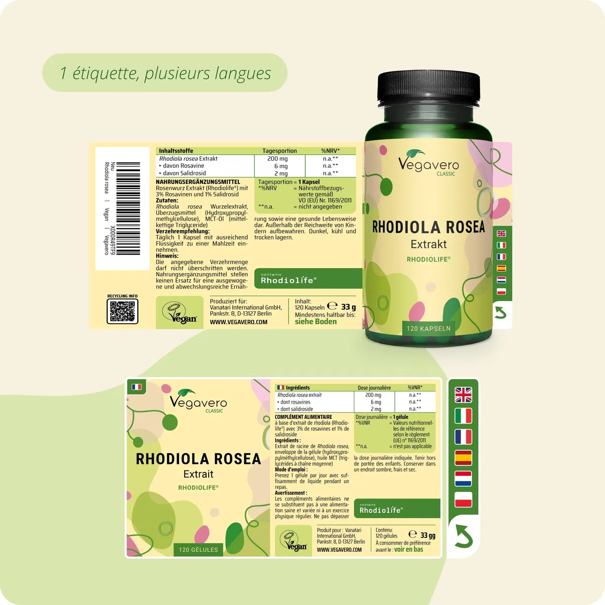 Rhodiola Rosea Vegavero® | 1200 mg (Extrait 6:1) | 120 Gélules (4 MOIS) | Anti Stress + Fatigue + Mémoire | RHODIOLIFE® | 3% Rosavine + 1% Salidroside | SANS ADDITIFS et VEGAN