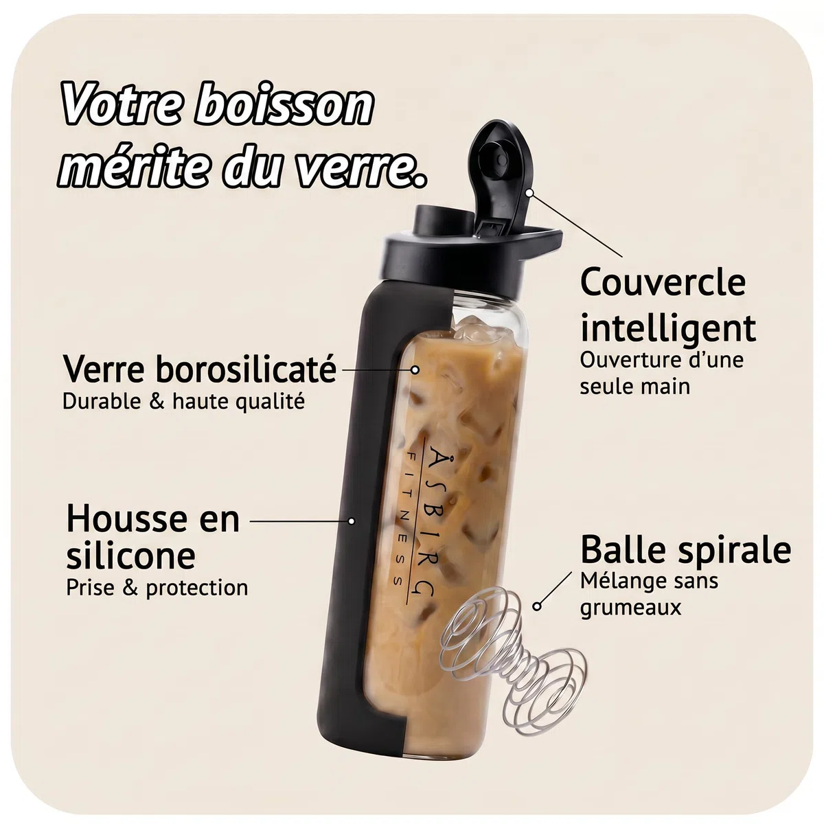 Shaker Protéines en Verre Trempé - 1000ml Gourde avec Boule Mélangeuse | Étanche, Sans BPA & Résistant | Noir