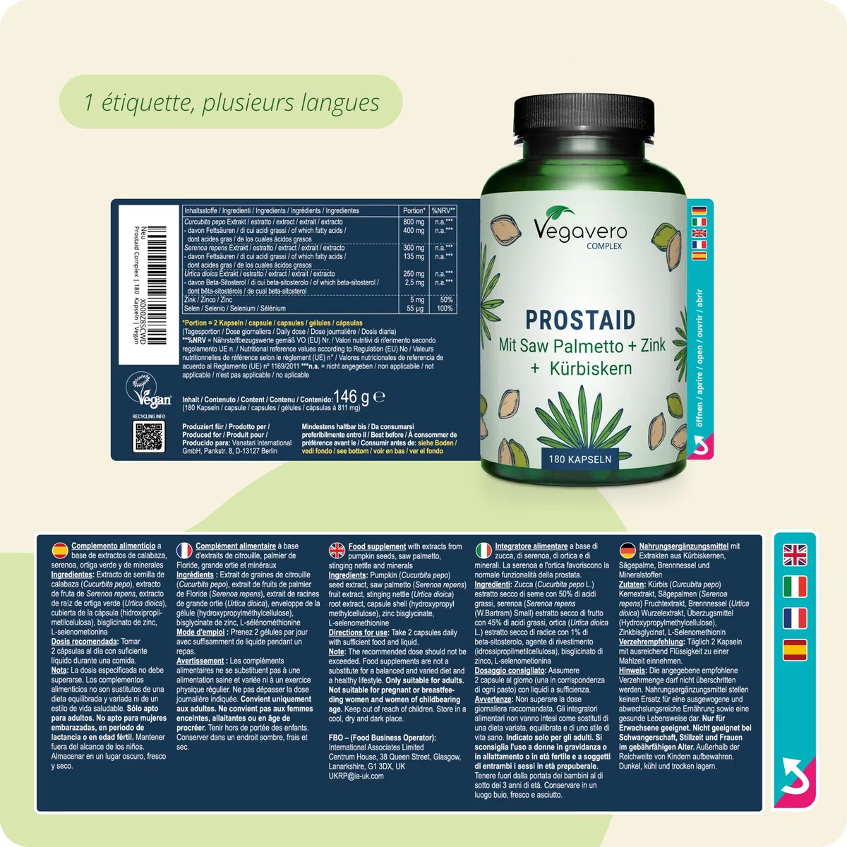 Complexe Prostate & Confort Urinaire Homme | 180 Gelules | 100% Naturel | Saw Palmetto + Zinc + Ortie + Citrouille | Avec 45% Acides Gras | VEGAN | 3 Mois