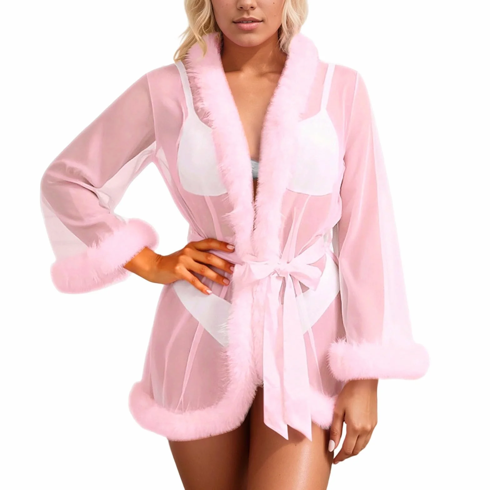 Kimono Nuisette érotique en tulle pour femme avec plumes et nuisette transparente Robe courte sexy Vêtements de nuit Grandes tailles Nuisette avec ceinture Peignoir de bain Négligé
