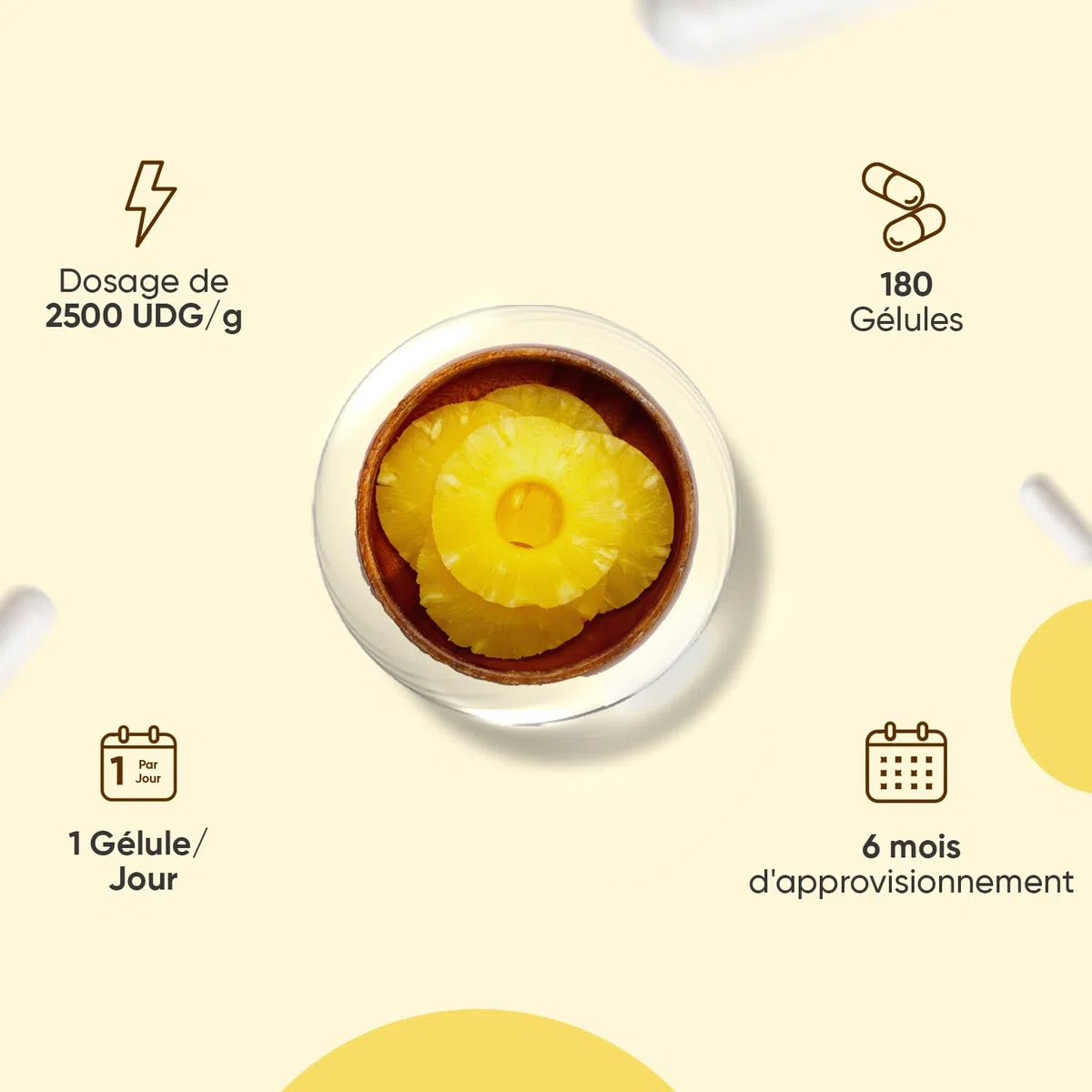 Bromelaine Gélules 650 mg (2500 UDG/g), 180 Gélules, 6 Mois d'Apport, avec Enzymes Digestives Dérivée de la Tige d'Ananas, Source de Manganèse, Cuivre, Vitamine C - Vegan & sans Stéarate de Magnésium