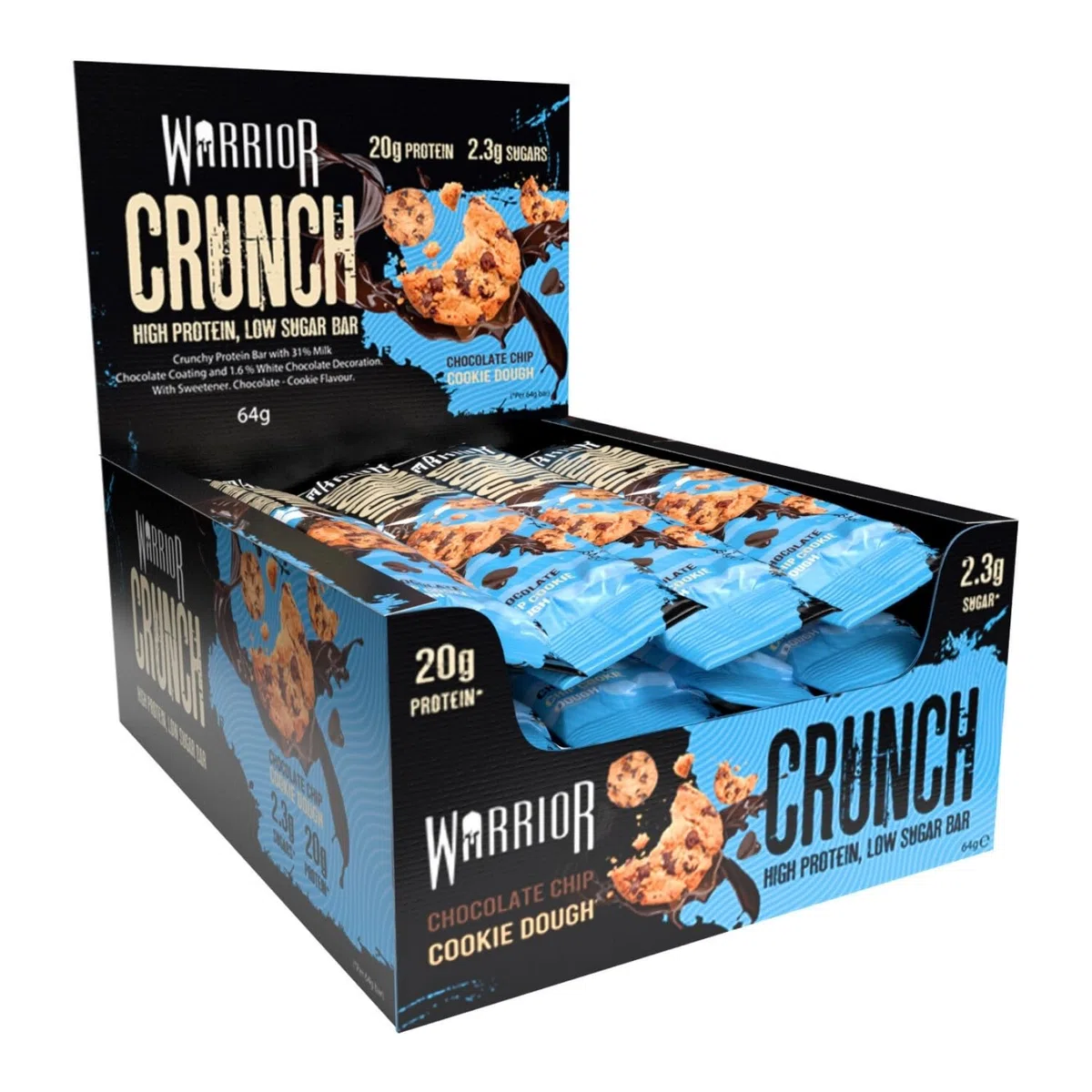 Barres hyperprotéinées Warrior Crunch 20 g - Barre à faible teneur en sucre et en glucides - paquet de 12 x 64 g - incroyablement savoureuse - garantie halal (Pâte à cookies aux pépites de chocolat)