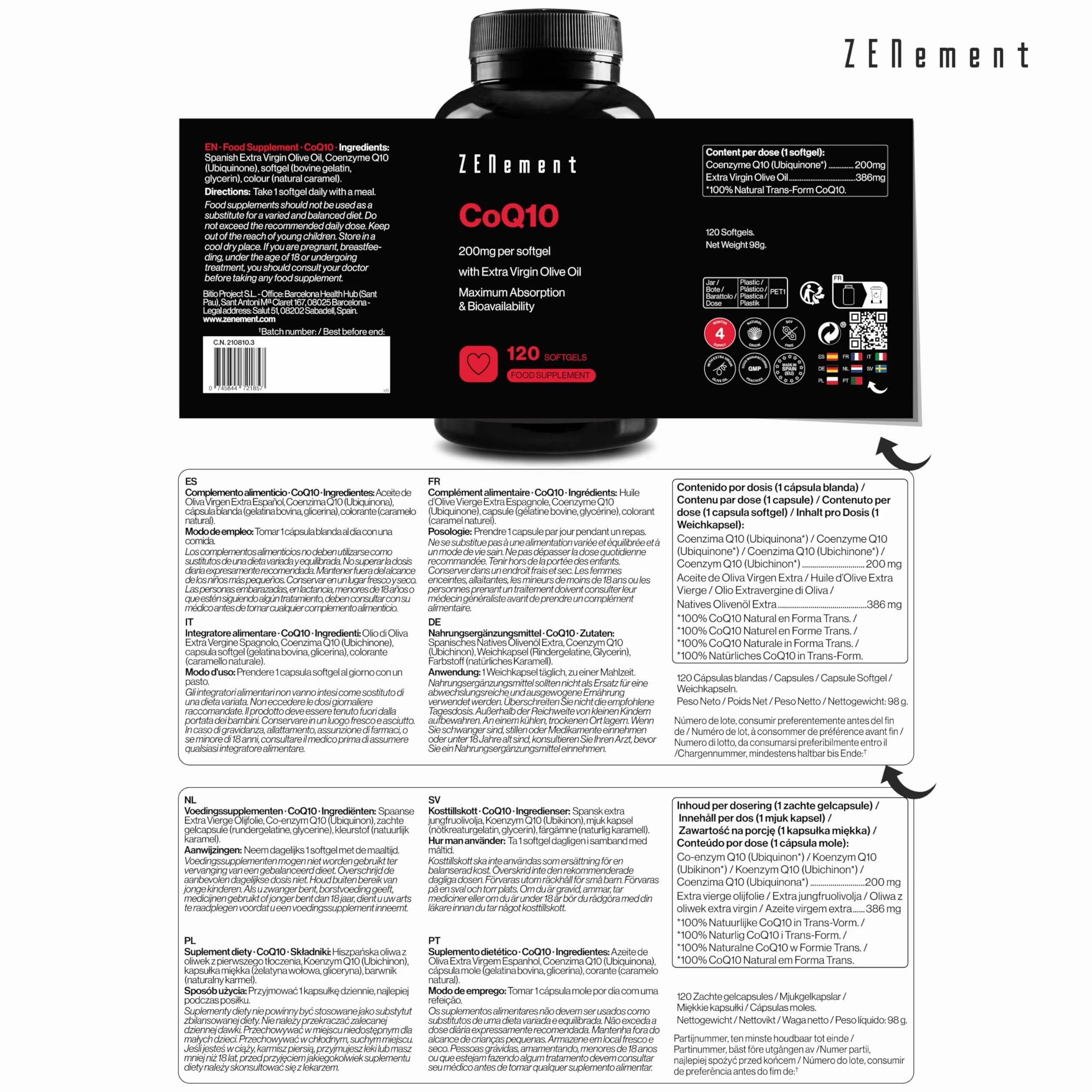 Coenzyme Q10, 200 mg | 100% Pur Fermenté Naturellement, 120 Perles (Approvisionnement pour 4 Mois) avec Huile d'Olive Vierge Extra Espagnole Bio | Haute Puissance, Antioxydant | Zenement