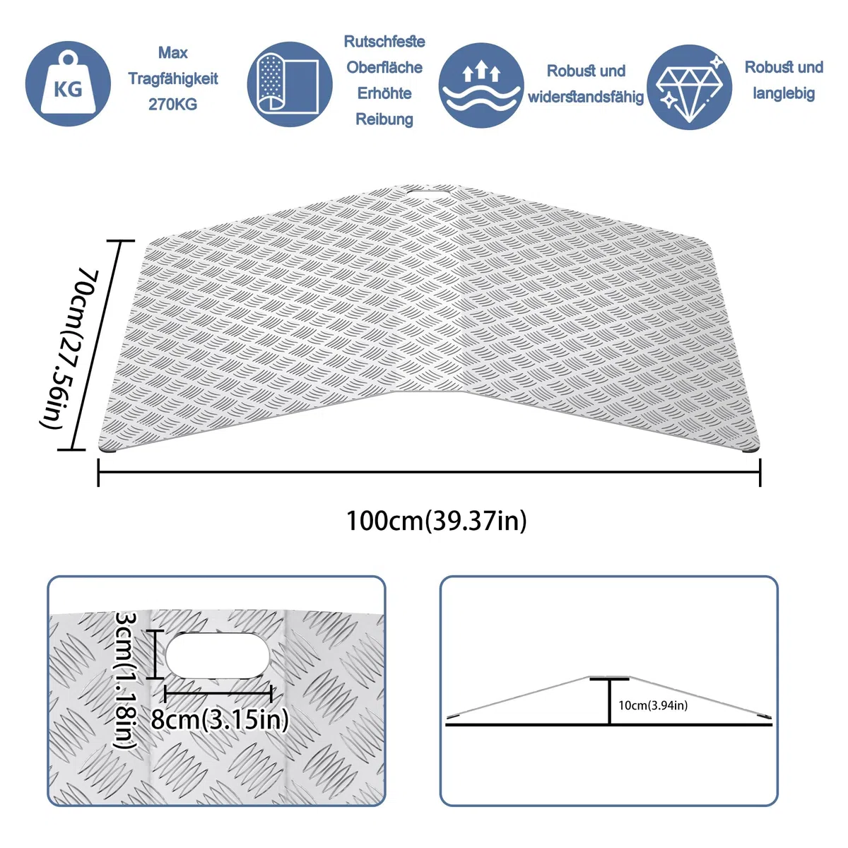 ACXIN Rampe de seuil de porte - Rampe pour fauteuil roulant - En aluminium - Antidérapante - Avec poignées - Charge maximale : 270 kg - 100 x 70 x 10 cm