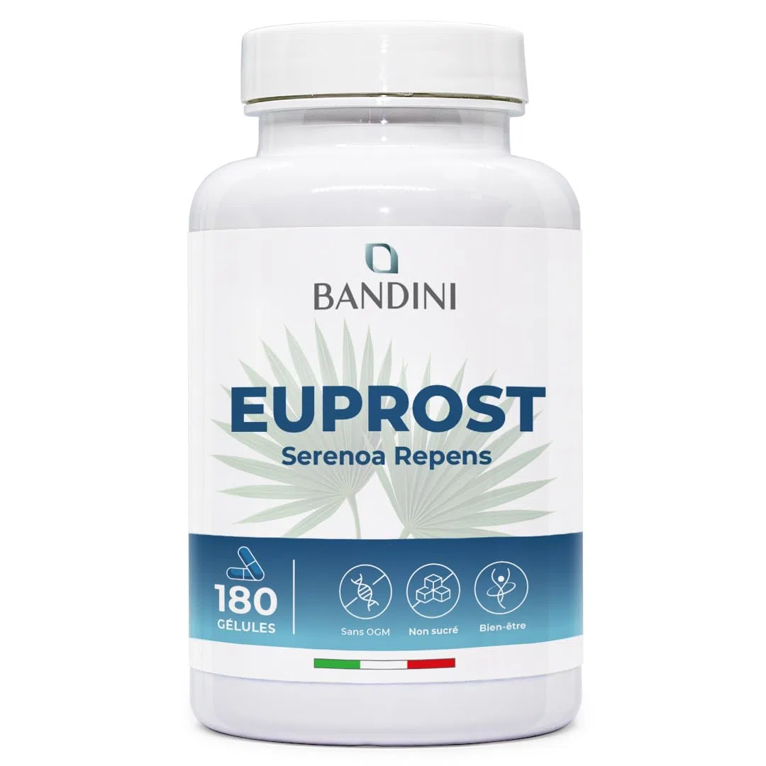 Bandini® Euprost Serenoa Repens 180 gélules | Palmier nain (Saw Palmetto), Graines de Courge, Ortie, Zinc, Vitamine D3 & B6 | Confort Urinaire hommes | Extrait 20:1 standardisé à 30% en acides gras
