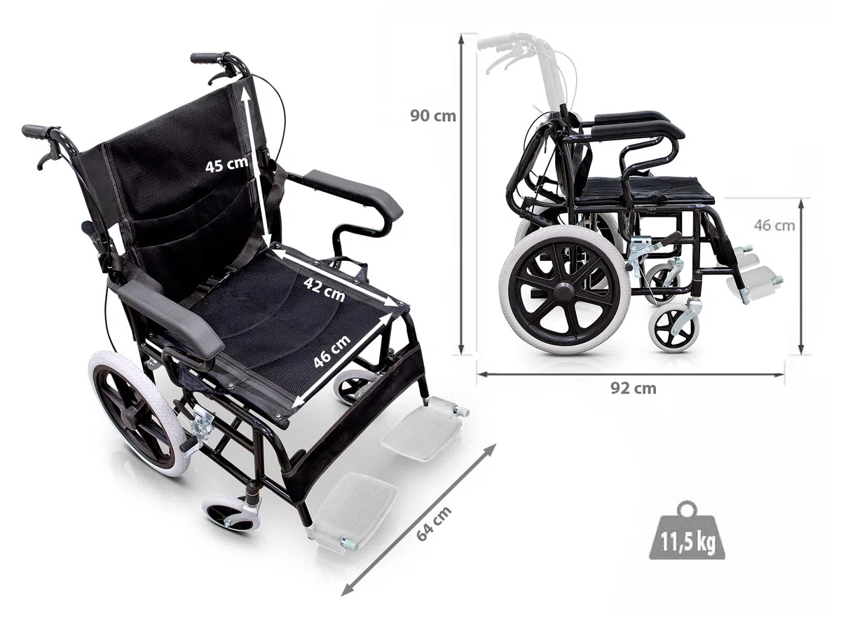 QUIRUMED Fauteuil roulant pliable pour le transfert, Repose-pieds rabattables, Ceinture de sécurité, Freins sur les poignées, Jusqu'à 120 kg