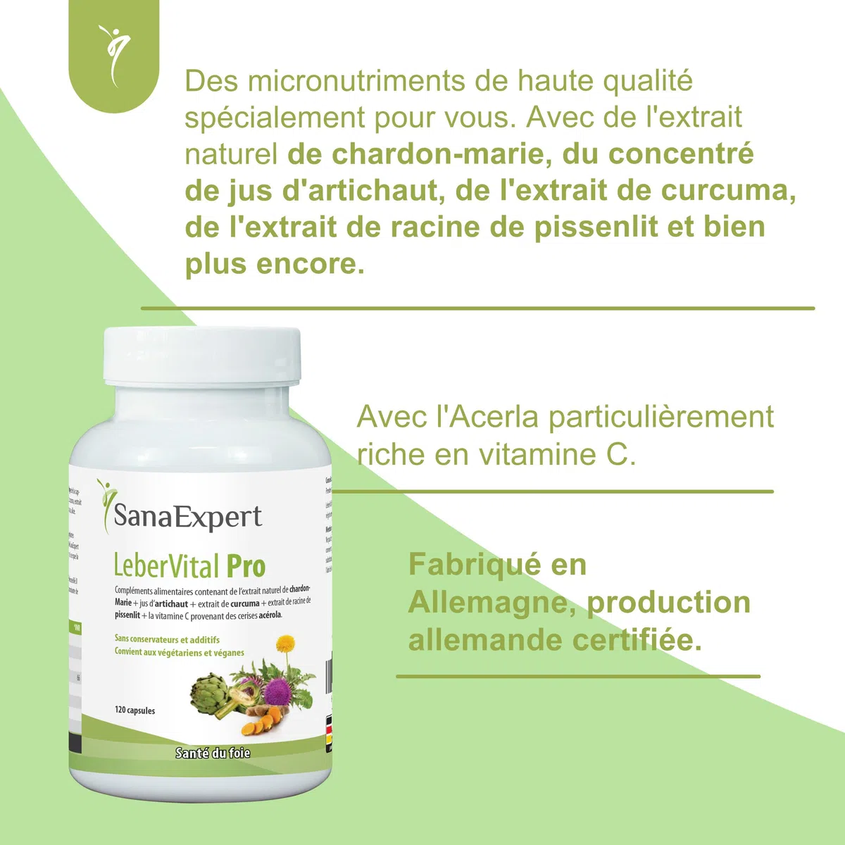 SanaExpert LeberVital Pro | Chardon-Marie titré à 70% de silymarine, Curcuma, Artichaut, Pissenlit & Vitamine C (acérola) | 120 gélules vegan, sans gluten ni lactose | Fabriqué en Allemagne