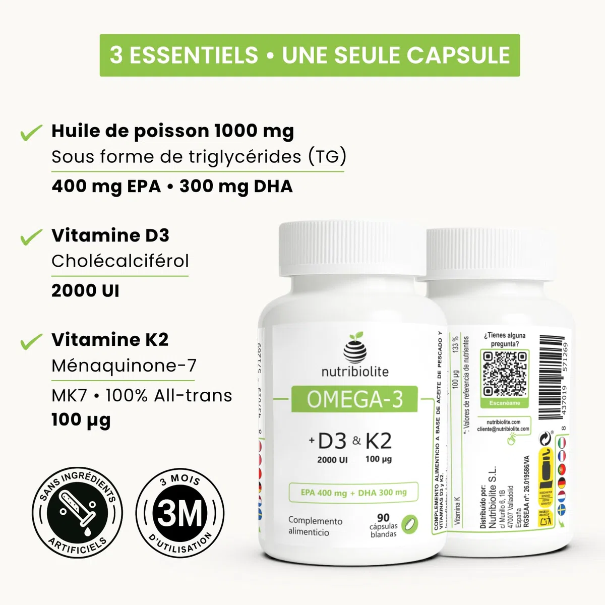 Omega 3 D3 K2 - Huile de Poisson 1000 mg - 80% d’Oméga 3 en triglycérides TG (EPA 400 mg + DHA 300 mg) + Vitamine D3 2000 UI et K2 MK-7 All-Trans 100 mcg - 90 capsules molles - 3 mois | Nutribiolite
