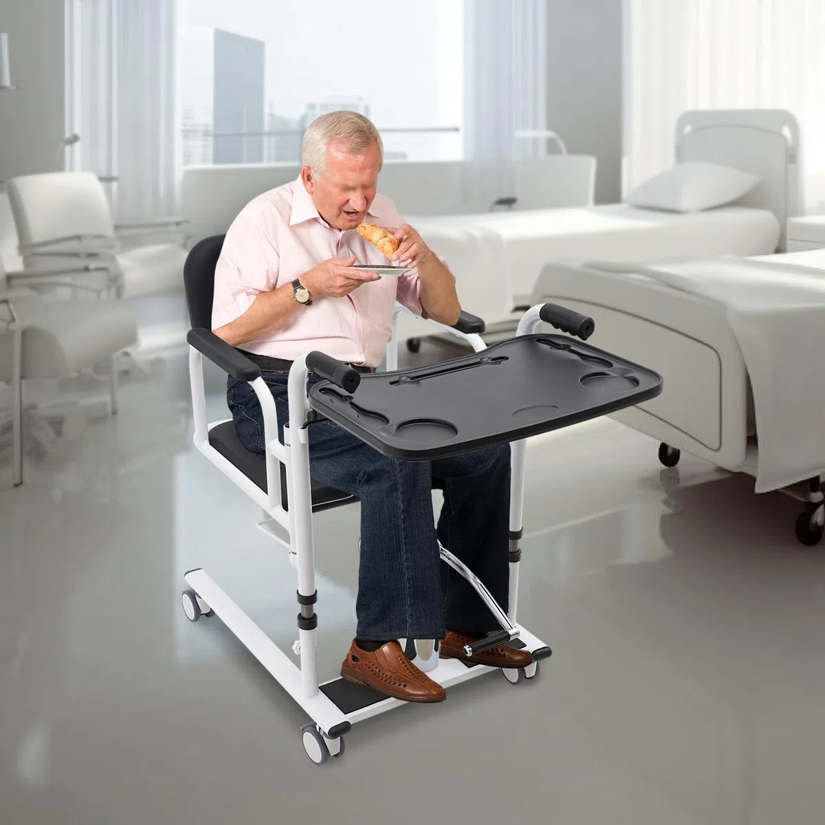 Patientenlifter Chaise de transfert pour patients - Chaise de salle de bain - Fauteuil roulant réglable en hauteur - Pour toilettes et salle de bain