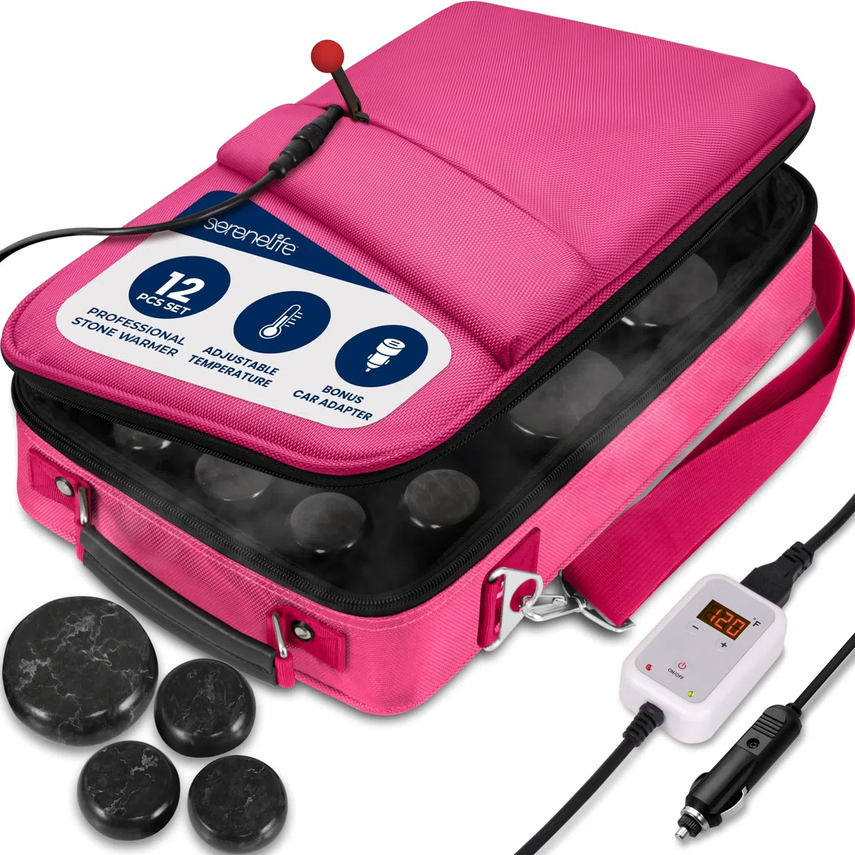 SereneLife Kit de Massage à Pierre Chaude – Système Portable de Thérapie avec Pierre Chauffée, avec Contrôleur Numérique de Température, 12 Pierres de Massage, Pierres Rondes Basaltiques Lisses