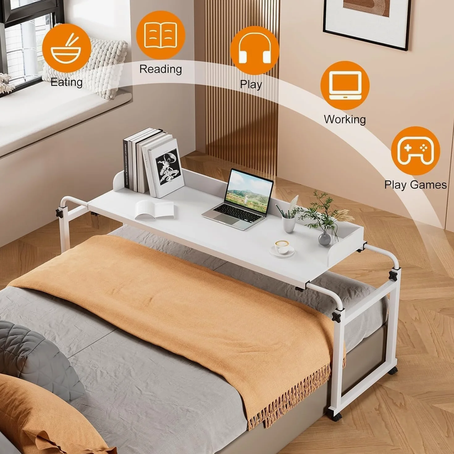 Table de lit réglable en hauteur avec roulettes, 120 à 210 cm, bureau mobile sur lit, canapé ou bureau, support réglable de 65 à 95 cm, chariot mobile pour ordinateur portable, bureau