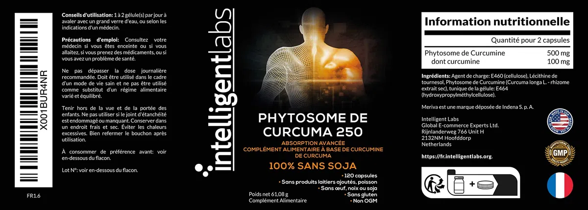 Intelligent Labs Meriva Phytosome de Curcumine 250 MG | Supplément de curcumine de curcuma à absorption avancée (2900% mieux absorbé que le curcuma ordinaire) | 120 gélules végétariennes