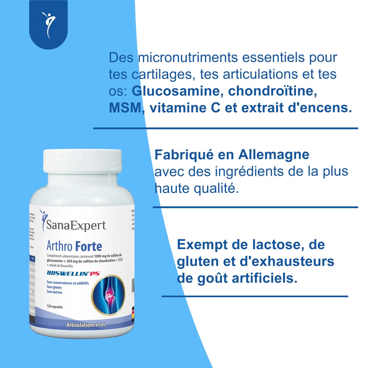SanaExpert Arthro Forte | Support Naturel pour les Articulations et les Os | avec MSM, Sulfate de Glucosamine, Chondroïtine | 120 Capsules | Ingrédients 100% Naturels | Fabriqué en Allemagne