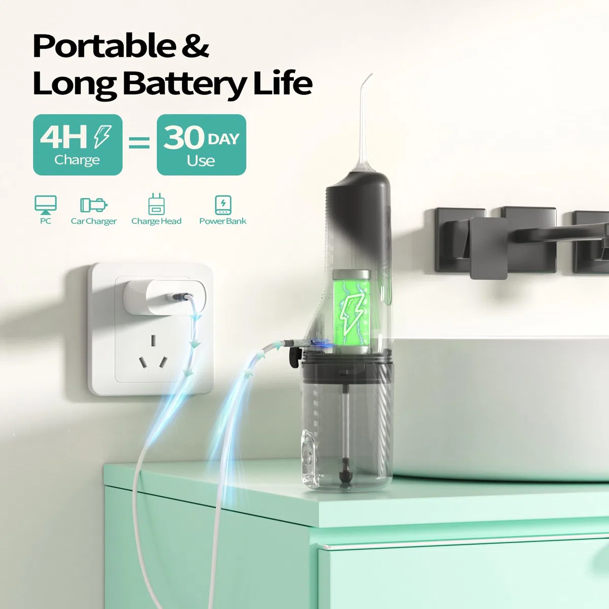 Hydropulseur Dentaire Électrique Sans Fil – Jet Dentaire Professionnel avec 4 Modes, 260ML Réservoir, USB-C Rechargeable, IPX7 Étanche, 5 Buses, Nettoyeur Dentaire Portable Voyage et Maison