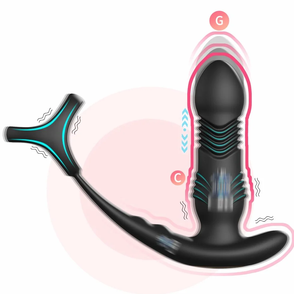 Masseur de Prostate Vibrant 3-en-1 avec Anneau Pénien - 10 Modes de Vibration & Poussée Télescopique - Plug Anal avec Télécommande - Silicone Médical & Étanche IPX7 - Noir