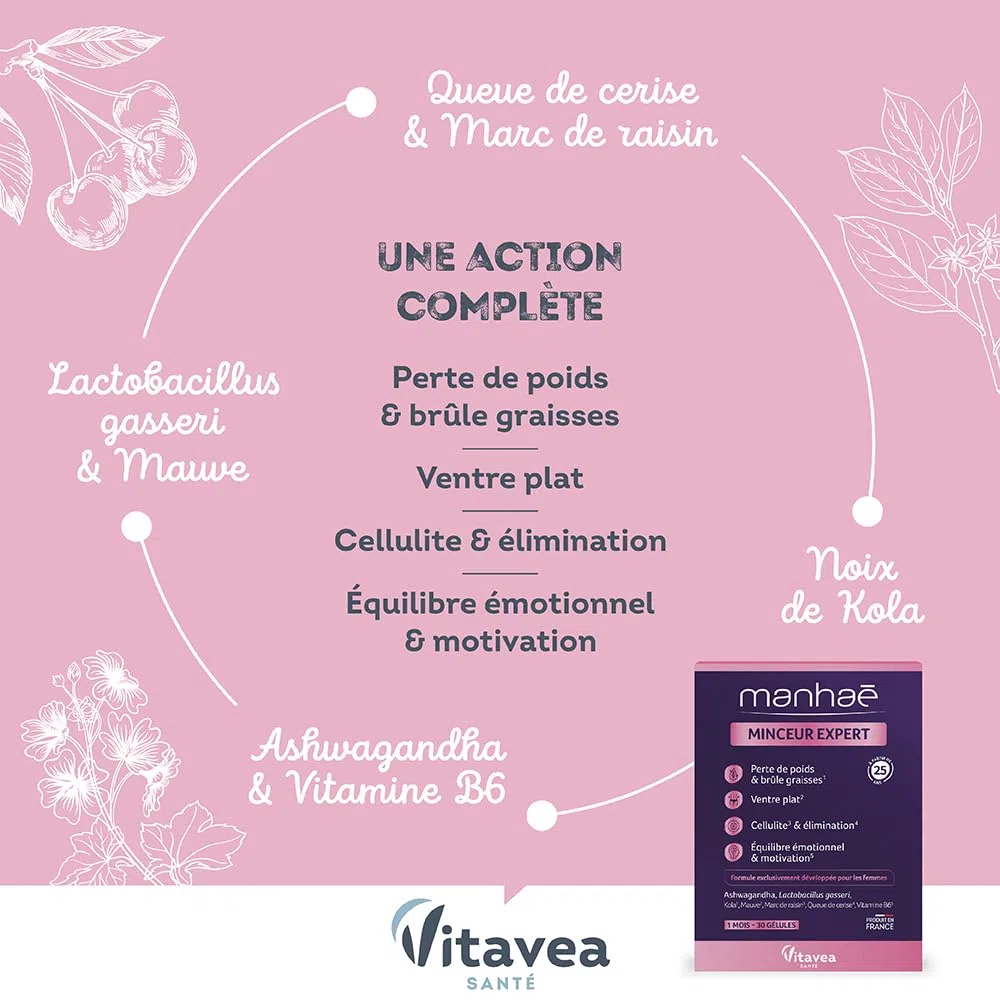 Vitavea - Manhaé - Minceur Expert - Complément Alimentaire Minceur - Perte de Poids, Brûle Graisse, Ventre Plat, Eliminination, Cellulite - Lactobacillus Gasseri, Queue de Cerise -1 Mois - 30 Gélules