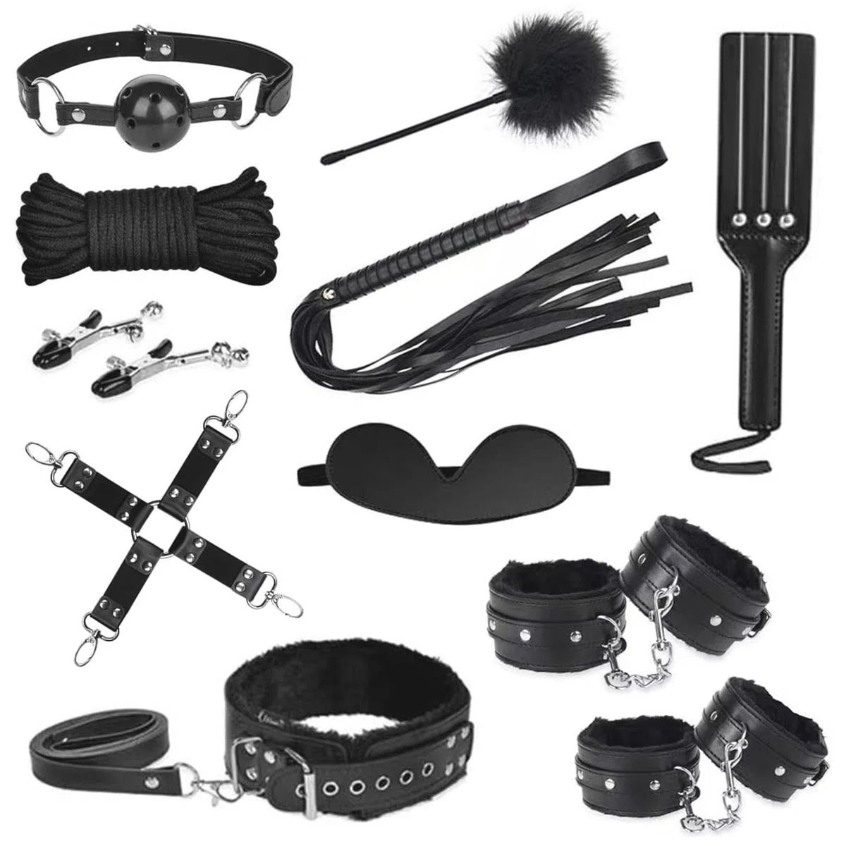 Menottes Lit Kit Toys Homme Femme Couple Set Accessoires 11 PCS Kits de Bondage,Cravache Menottes Sexy érotique Pinces pour Mamelon Cordes Baillon Collier (Noir-11)