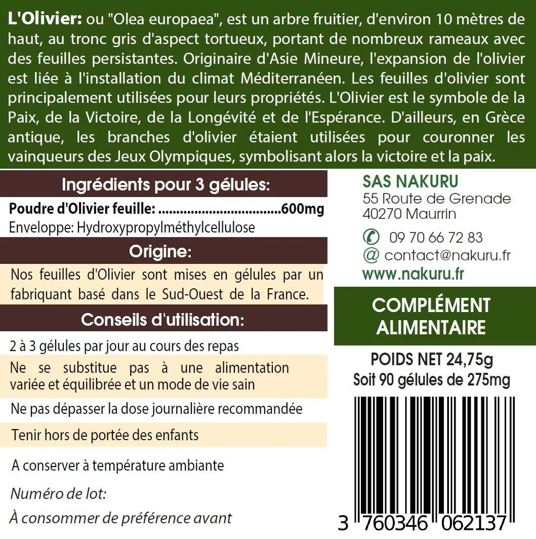 NAKURU | Olivier | Gamme Power | Fabriqué en France | "L'Arbre de la Sagesse!" (90 Gélules Végétales de 275mg / Poids Net: 24,75g)